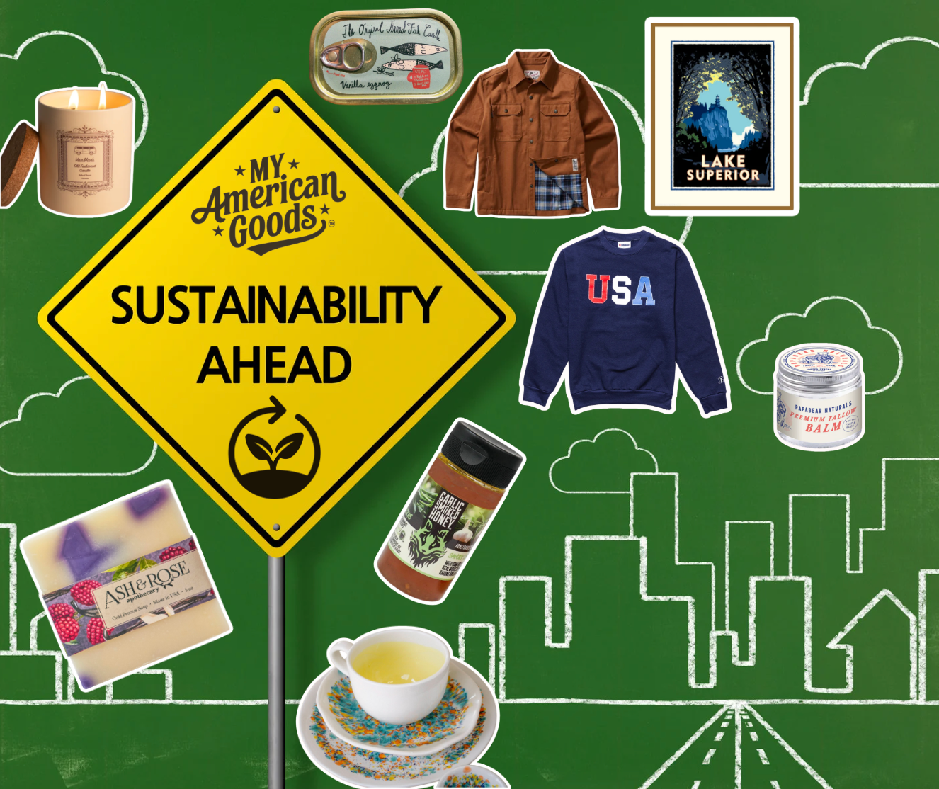 Many products floating on a city background and a yellow sign saying My American Goods Sustainability Ahead