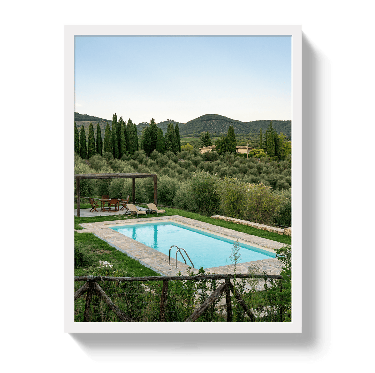 Johnny Vacay White / 11x14 / Full Bleed Tuscan Pool View