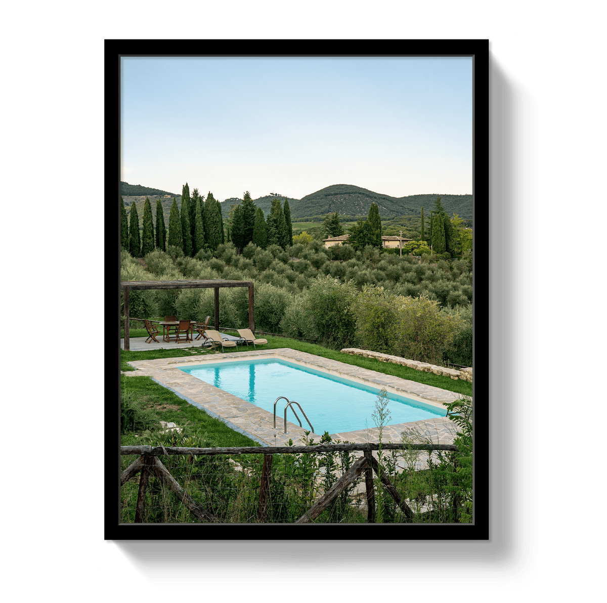 Johnny Vacay Black / 11x14 / Full Bleed Tuscan Pool View