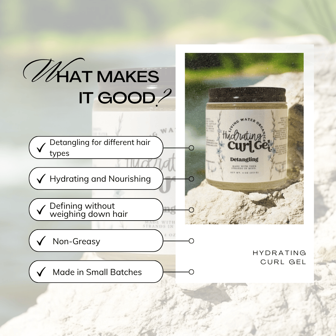 Hydrating Curl Gel jar with text highlighting its benefits on a natural background