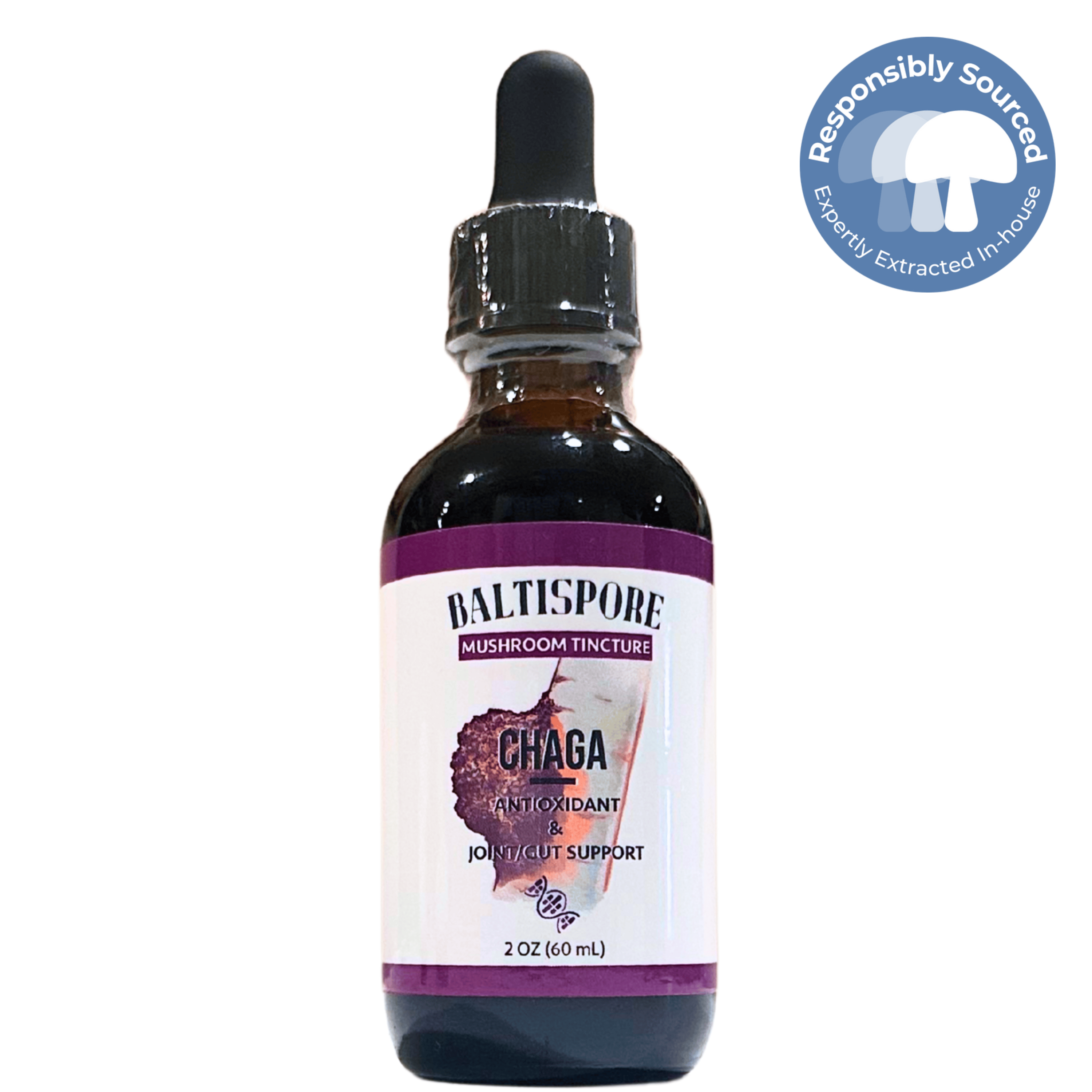 Bottle of Baltispore Chaga mushroom tincture with a dropper on a white background