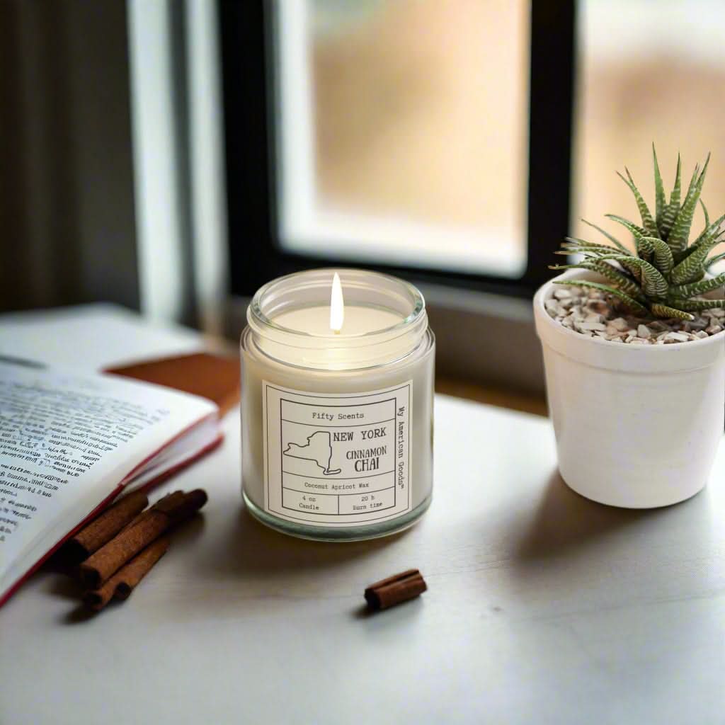 New York - Cinnamon Chai Scented Candle - Coconut Apricot Wax - My American Goods