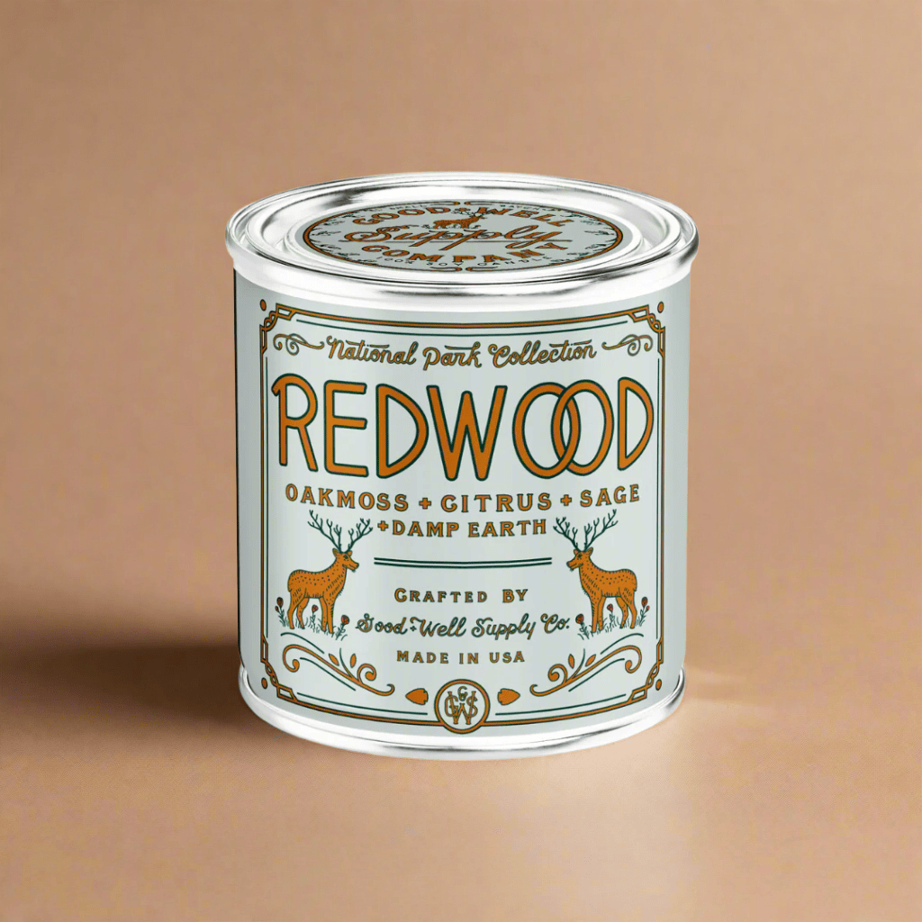 Can of Redwood paint with decorative label on a beige background