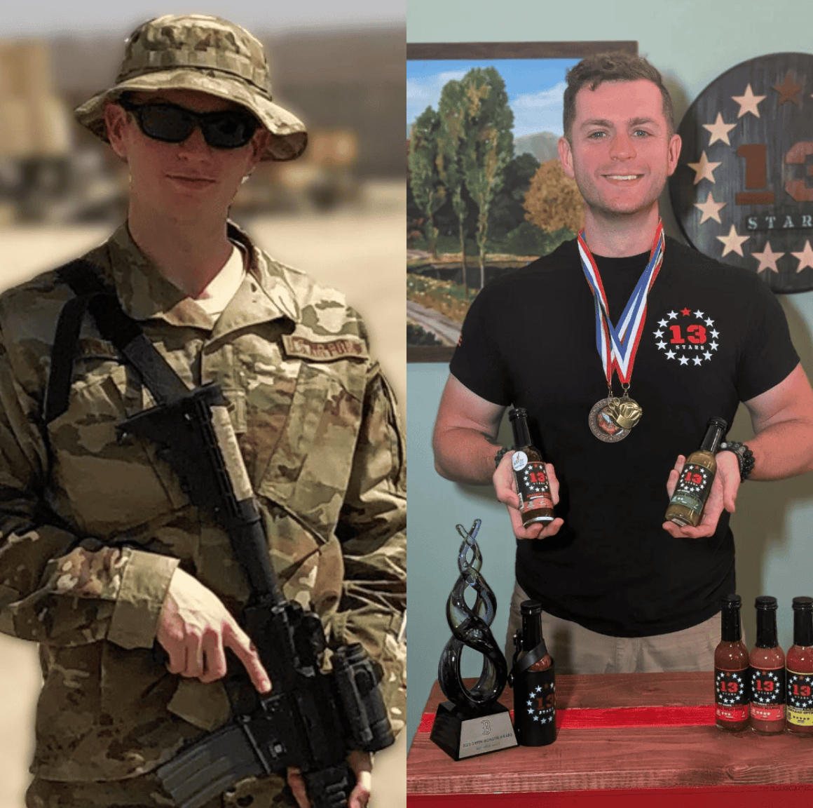 13 Stars Hot Sauce Founder Holding his hot sauces