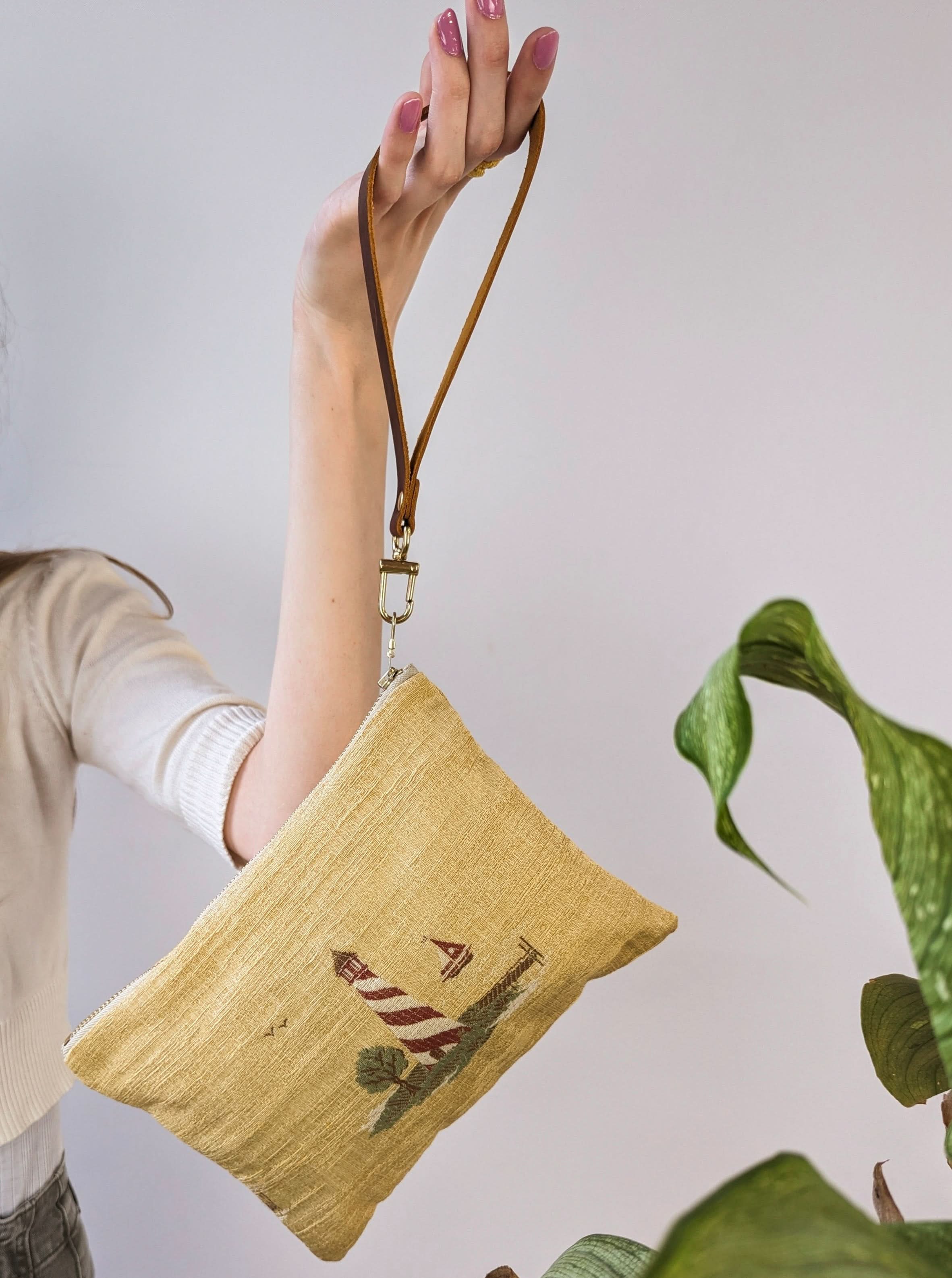 Sail Away Lighthouse Wristlet Linen & Leather - My American Goods