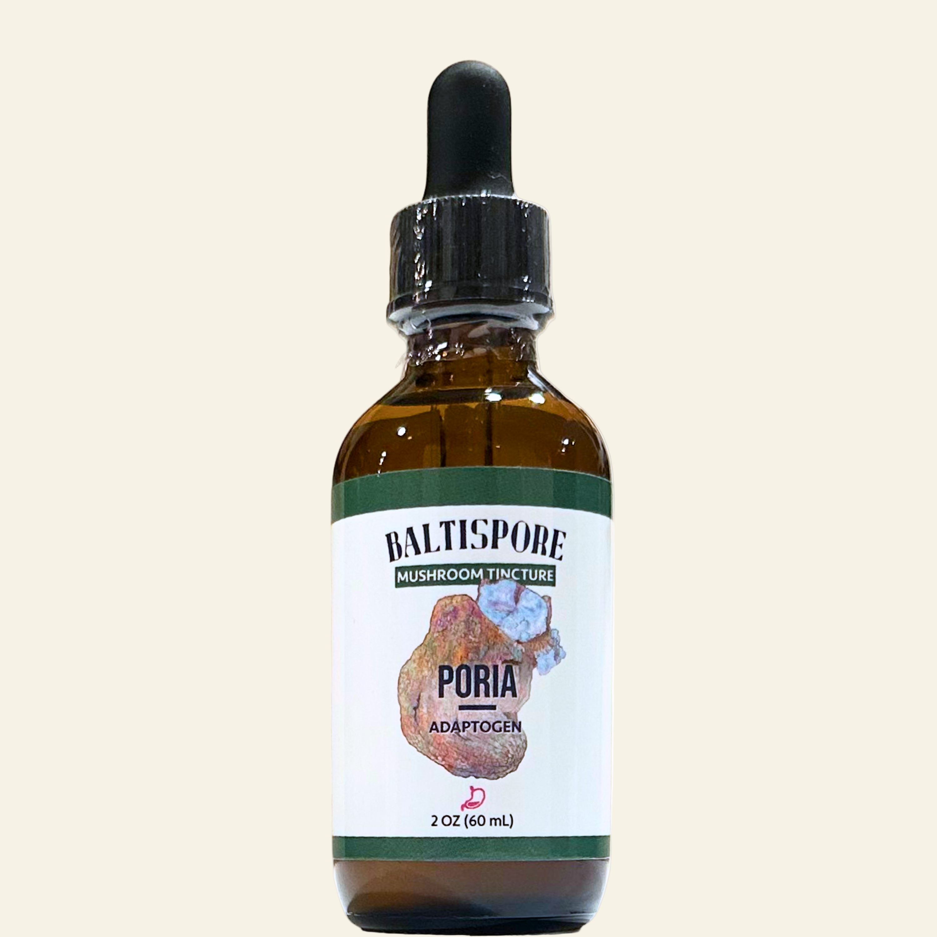 Bottle of Baltispore Poria mushroom tincture with a dropper on a white background