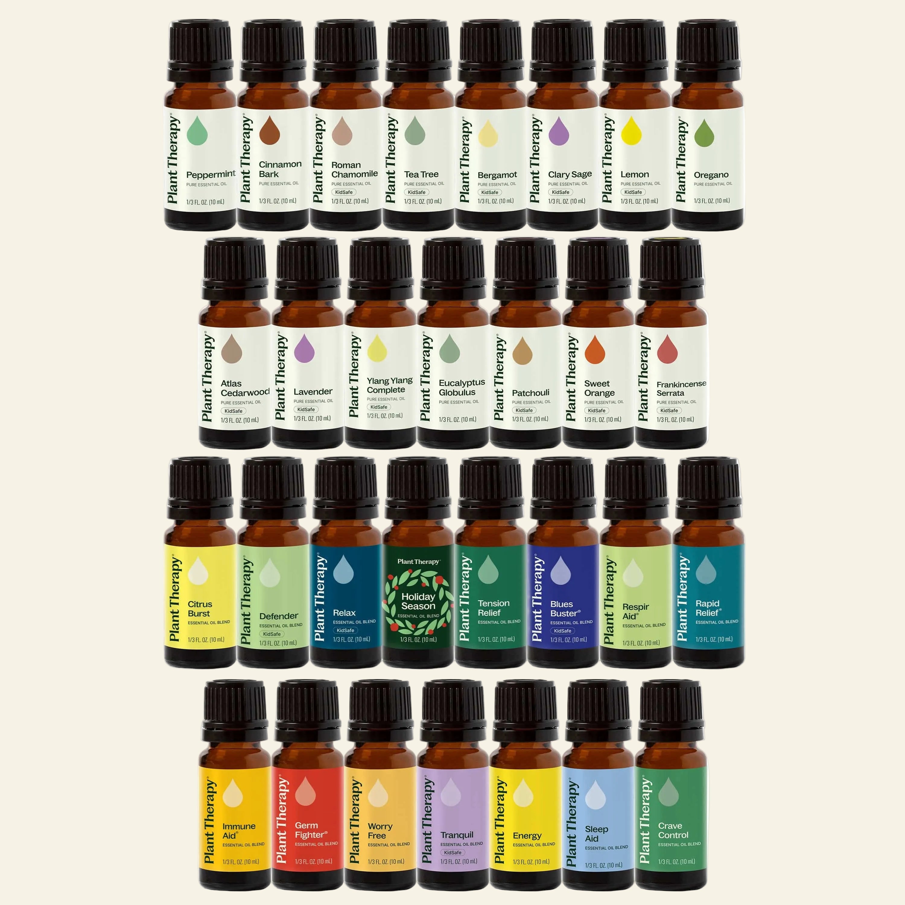 Collection of Plant Therapy essential oil bottles on a white background