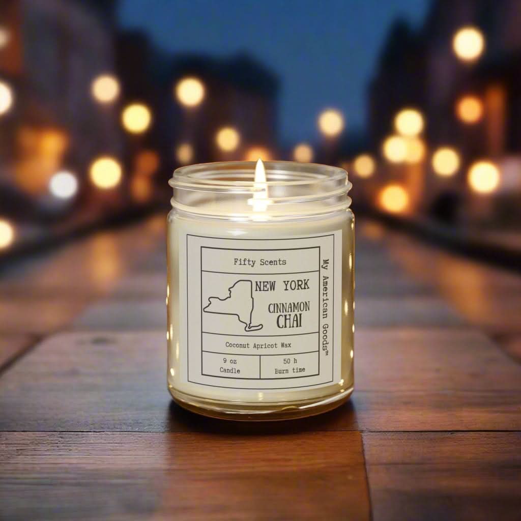 New York - Cinnamon Chai Scented Candle - Coconut Apricot Wax - My American Goods