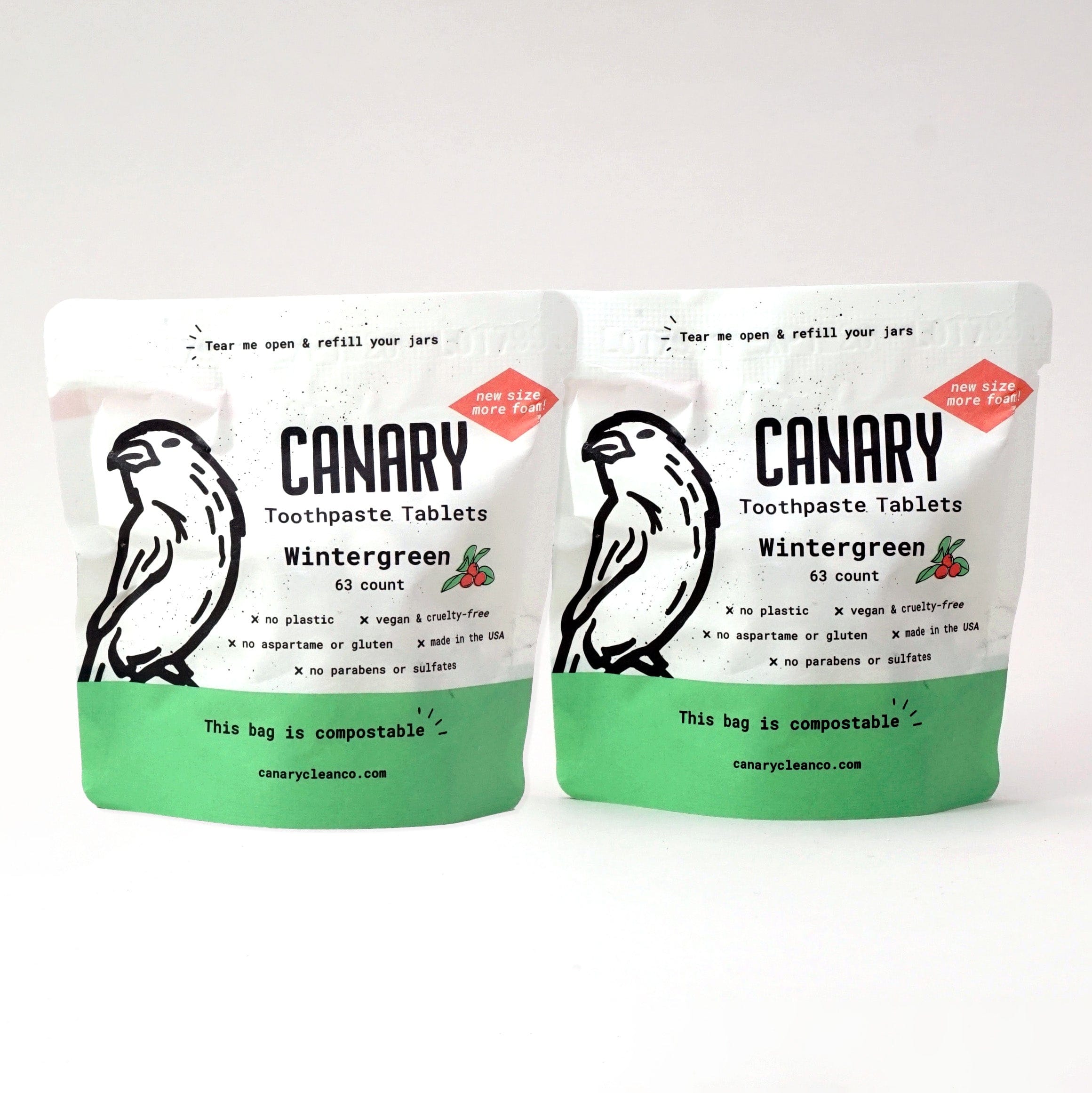 Canary Toothpaste Tablets 2-pack of the sample pouches - 126 tablets Wintergreen Toothpaste Tablets