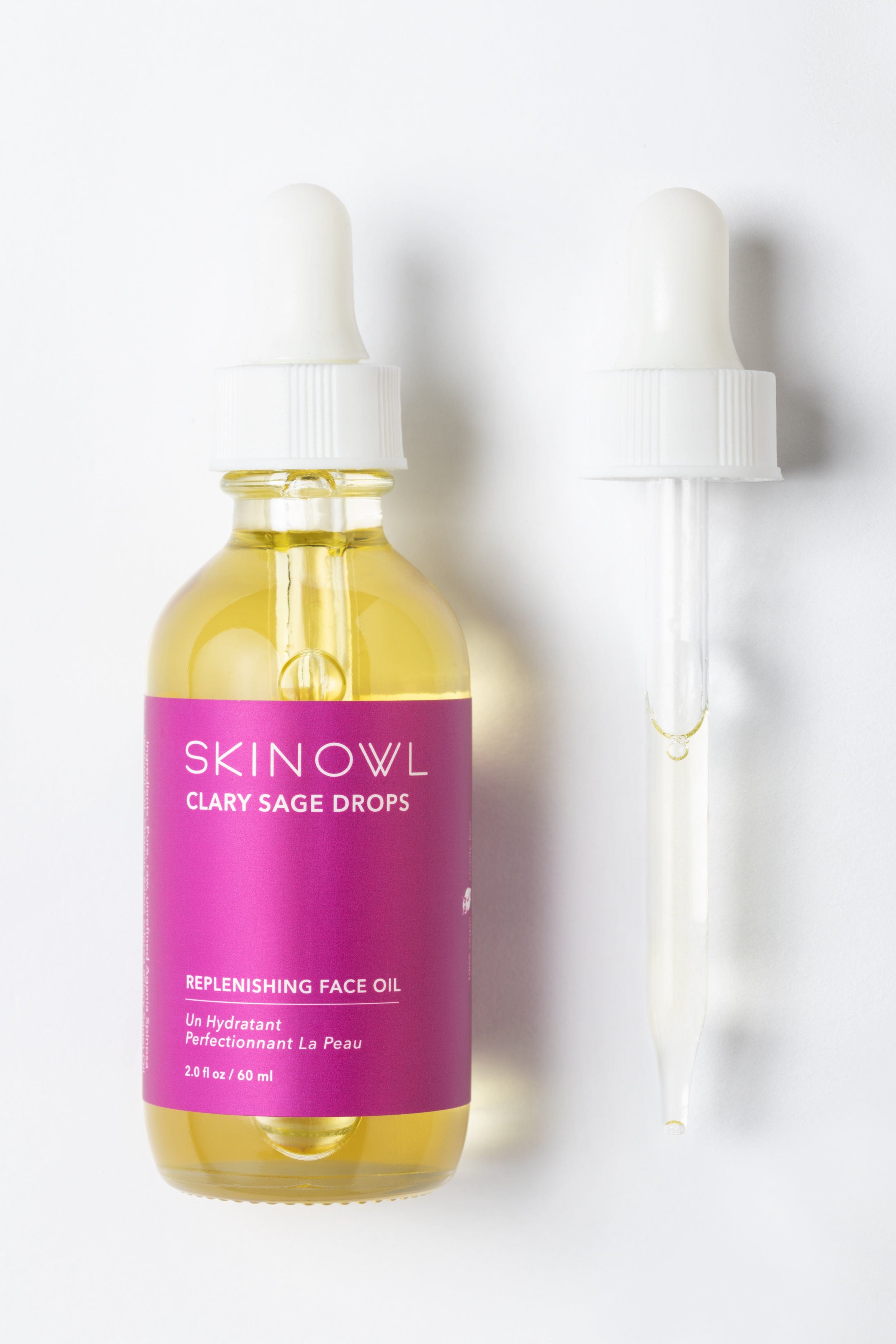 SKINOWL Clary Sage Drops face oil bottle with dropper on a white background