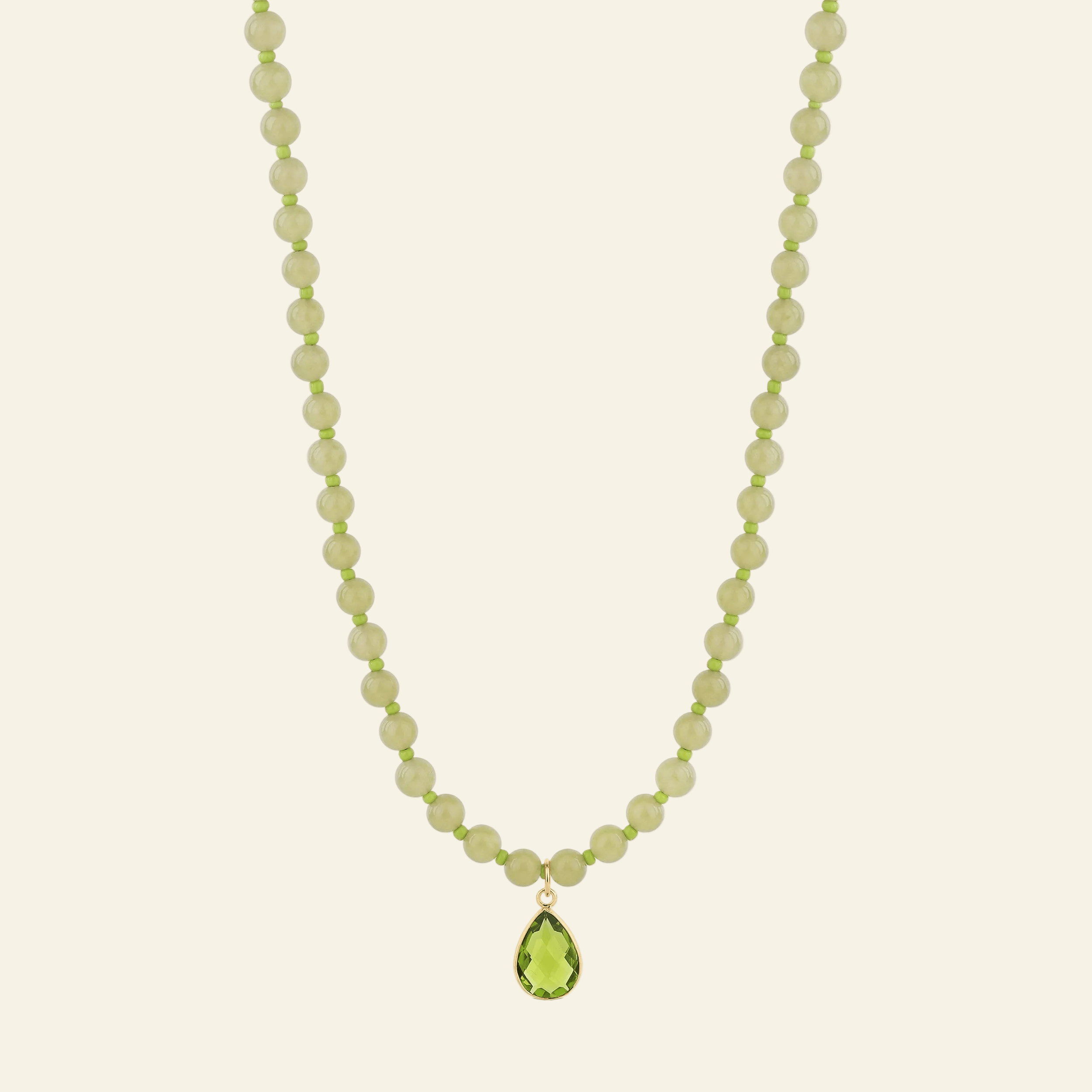 Lime Jade Bead Necklace with Green Teardrop Pendant