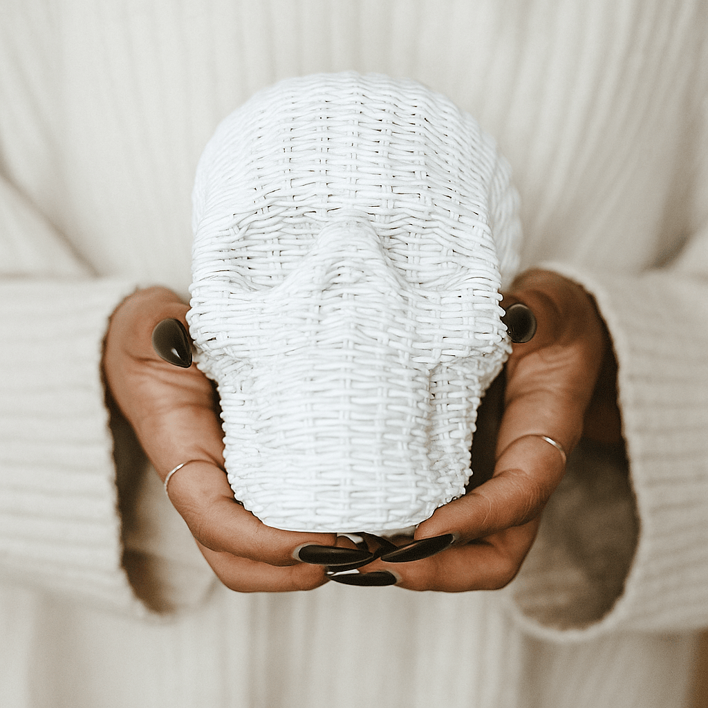 Skull Me Rattan-Style Skull Decor – Natural & White Resin - My American Goods
