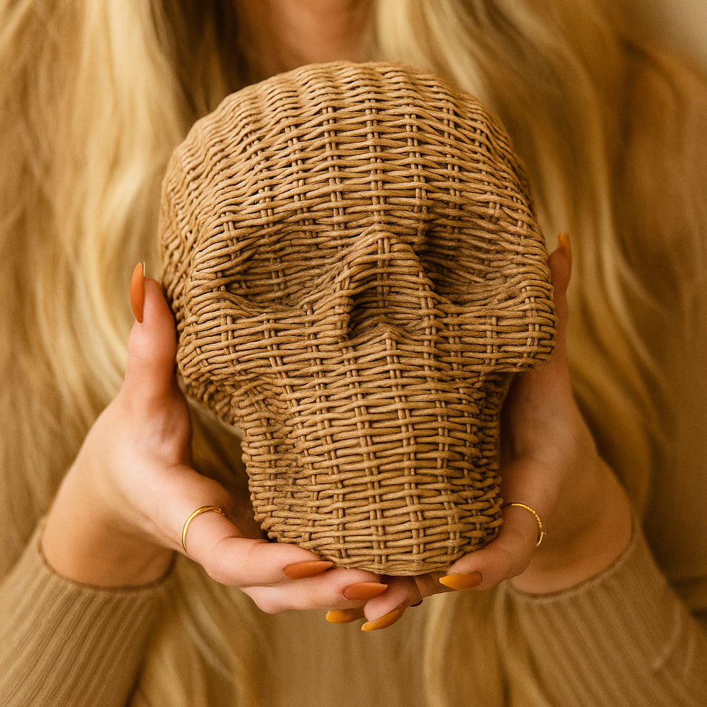 Skull Me Rattan-Style Skull Decor – Natural & White Resin
