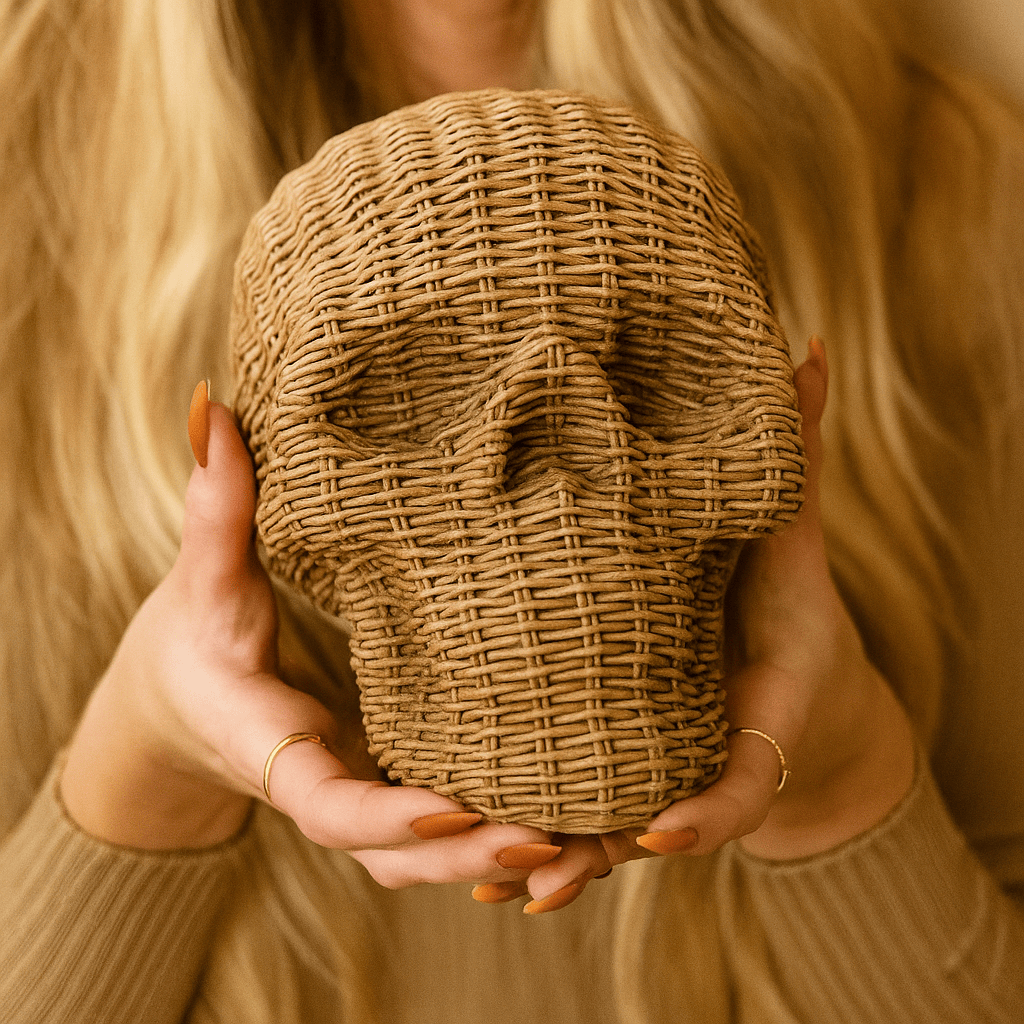 Gia Roma Basket Weave Statue Skull Me Rattan-Style Skull Decor – Natural & White Resin