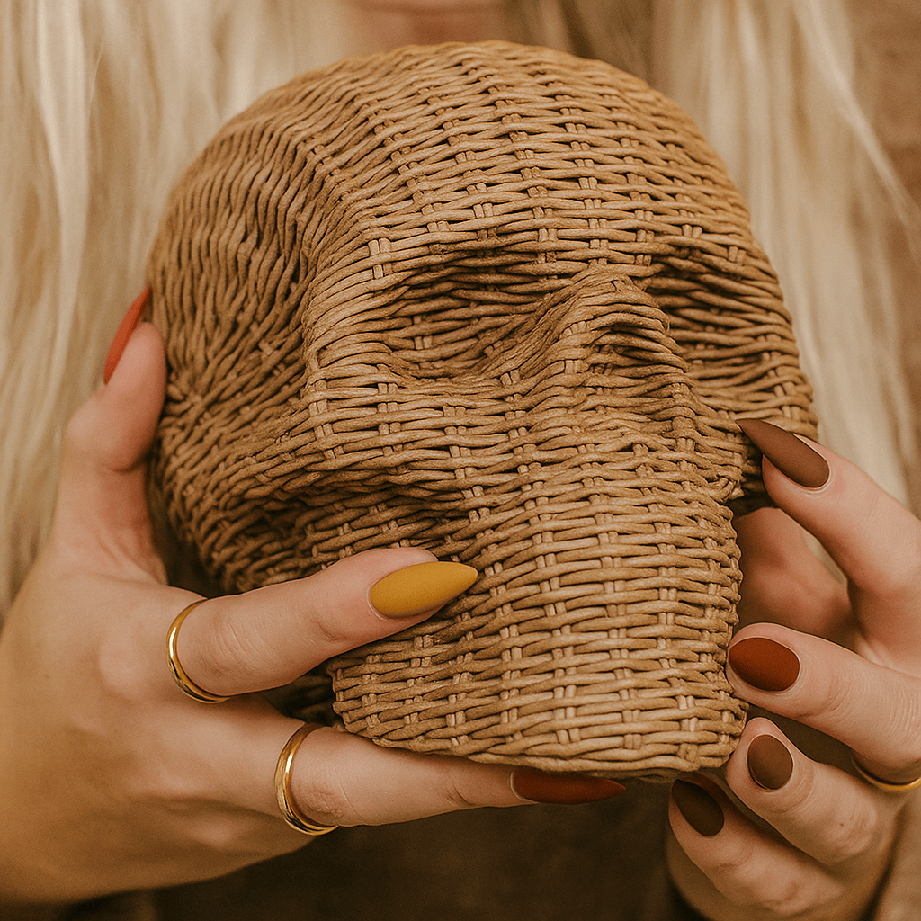 Gia Roma Basket Weave Statue Skull Me Rattan-Style Skull Decor – Natural & White Resin