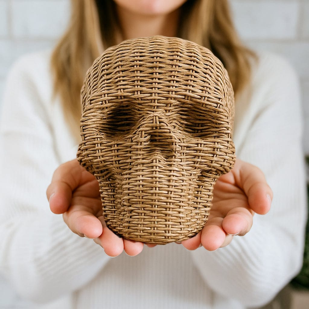 Gia Roma Basket Weave Statue Skull Me Rattan-Style Skull Decor – Natural & White Resin
