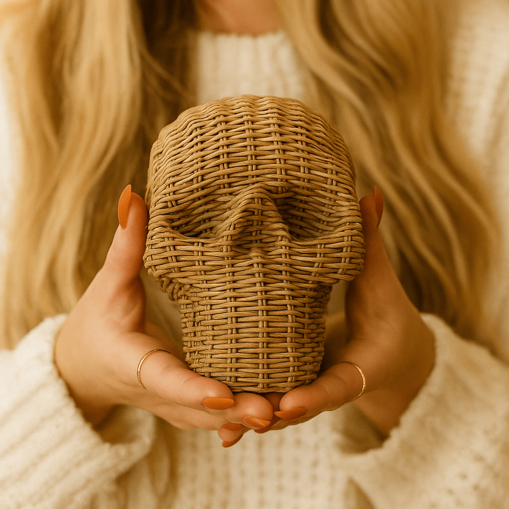 Skull Me Rattan-Style Skull Decor – Natural & White Resin - My American Goods