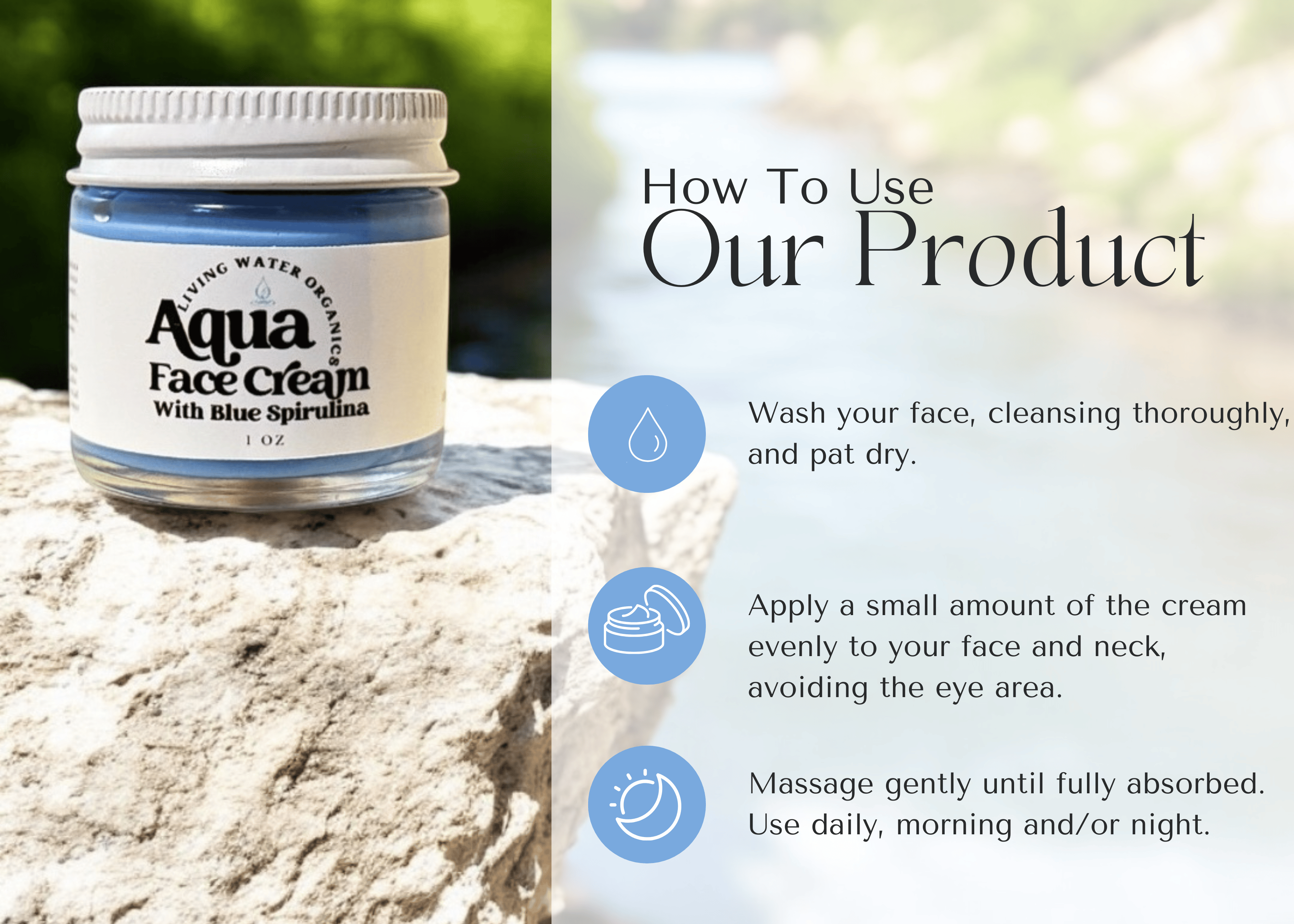 Aqua Face Cream with Blue Spirulina on a rock with usage instructions.