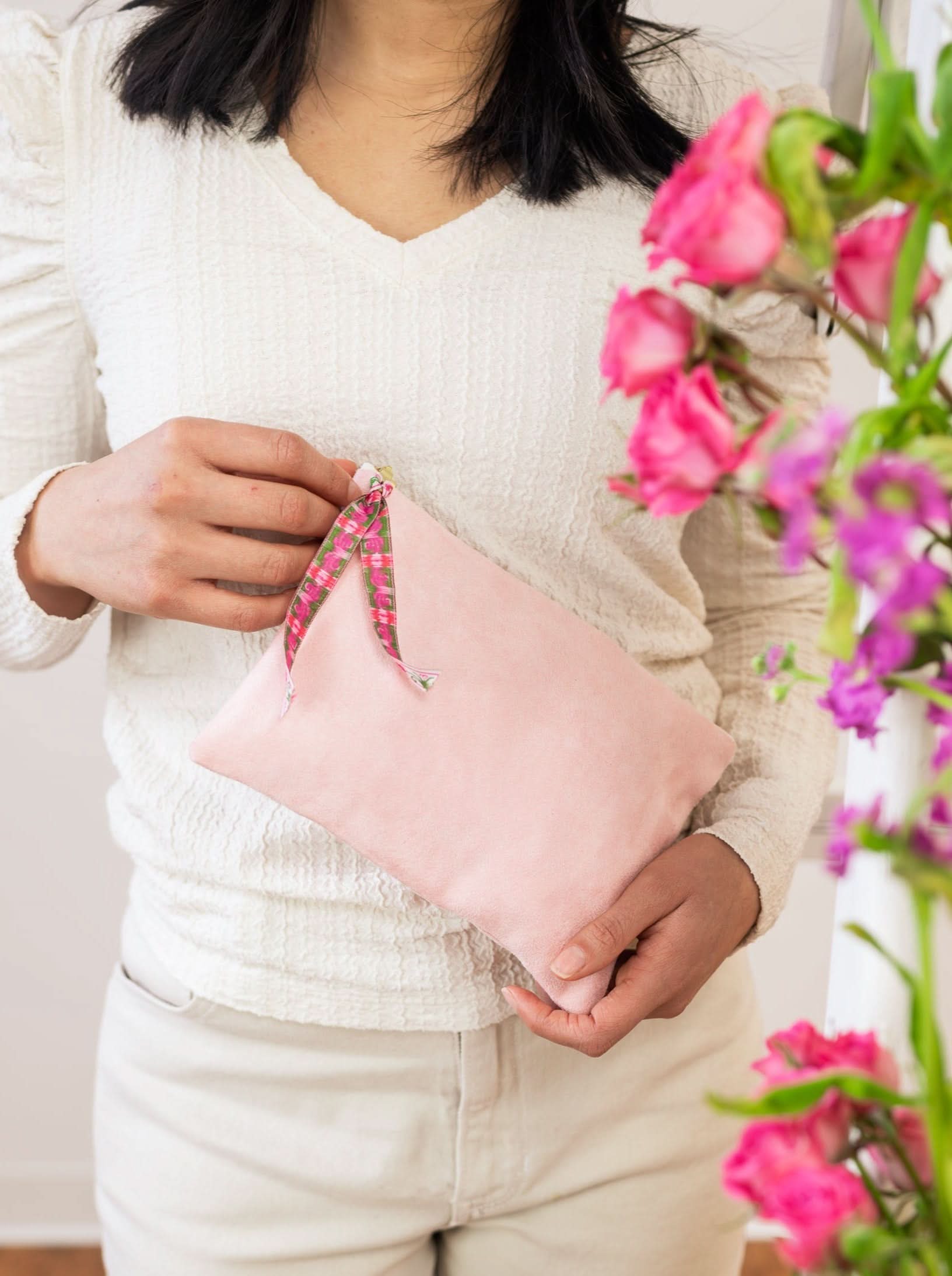Pink Fleur Vegan Suede Clutch Purse - My American Goods