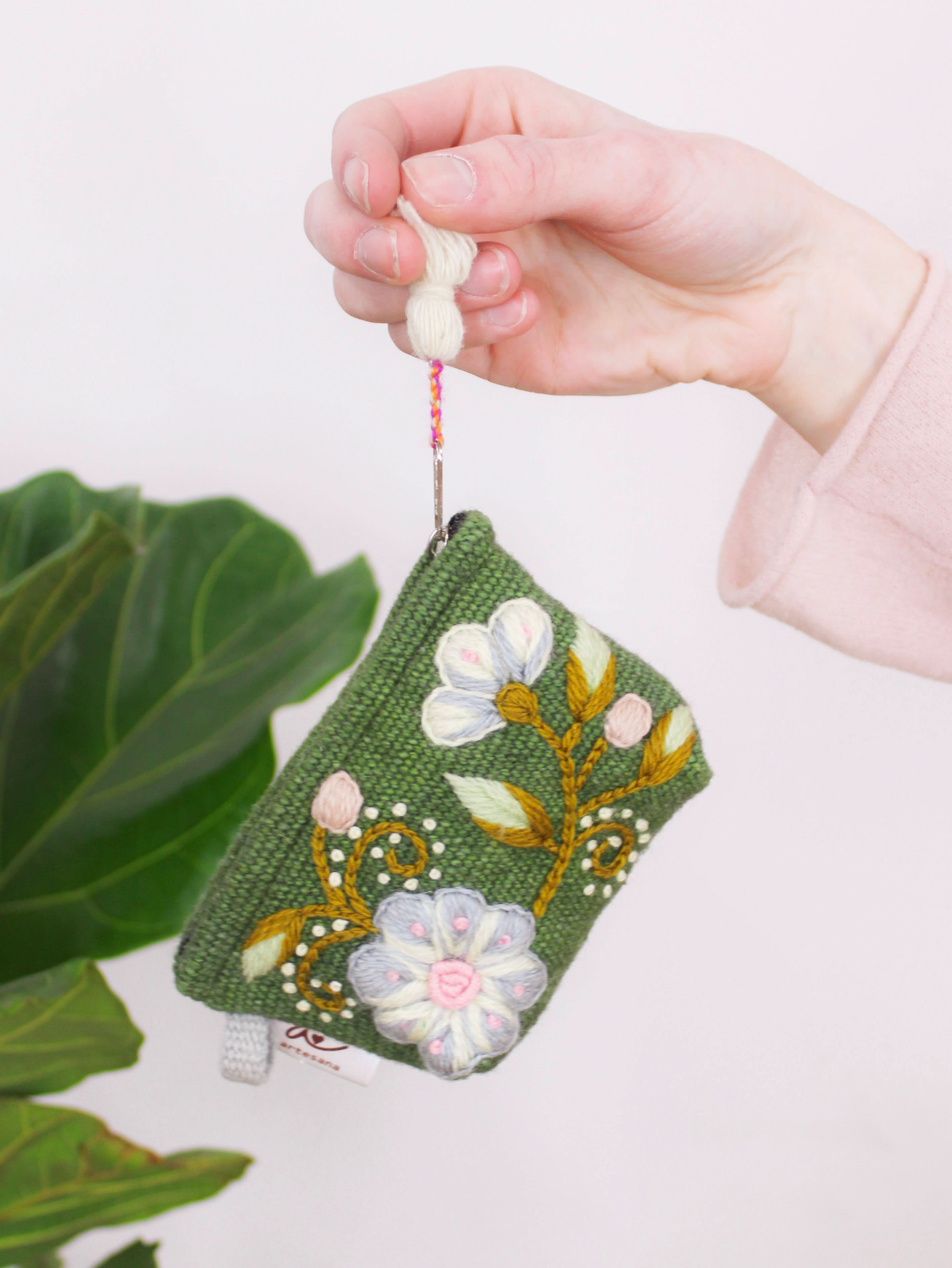 Ash & Rose coin purse Olive Green Sunset Floral Embroidered Coin Purse