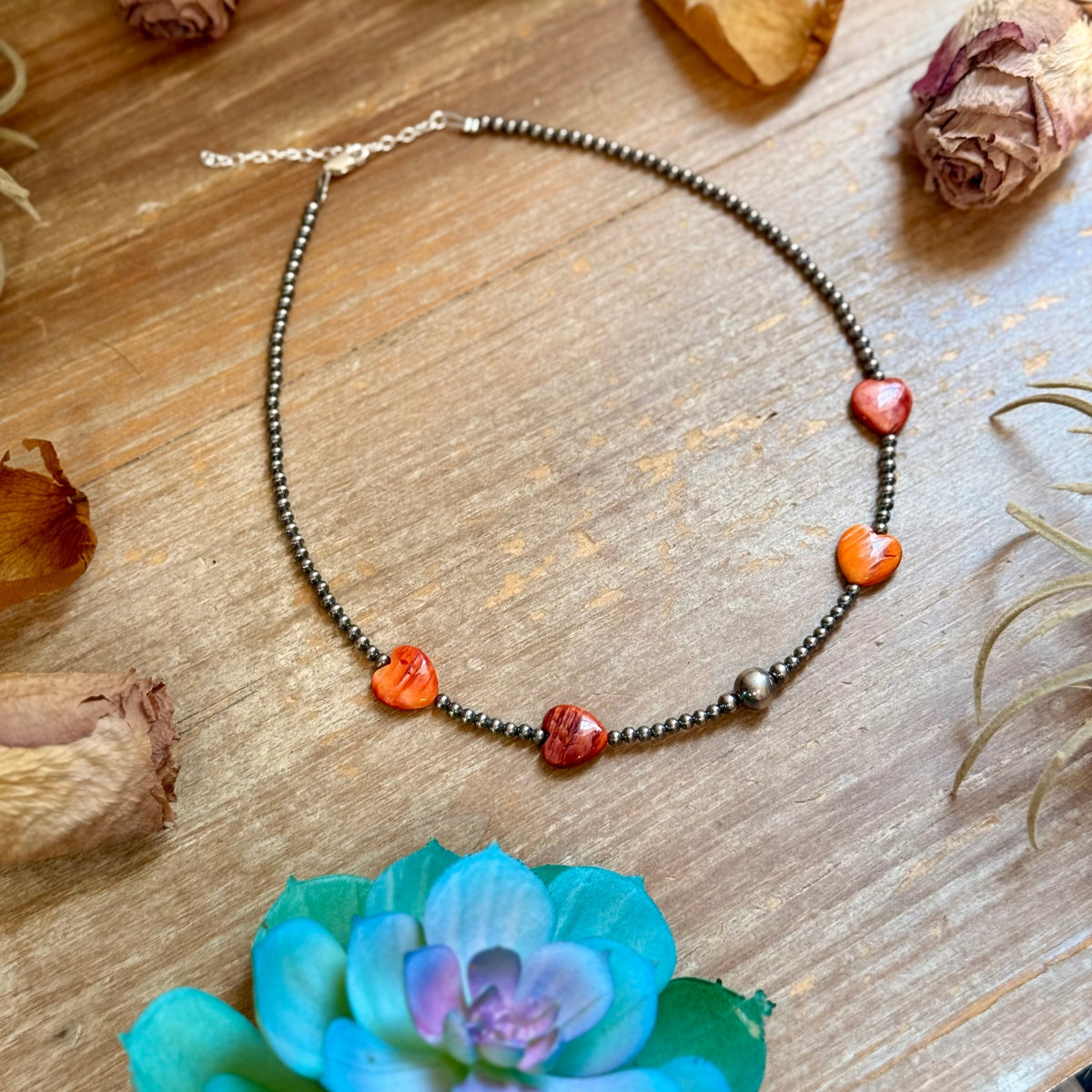 15" Orange-Red Shell Heart & Sterling Silver Pearl Necklace