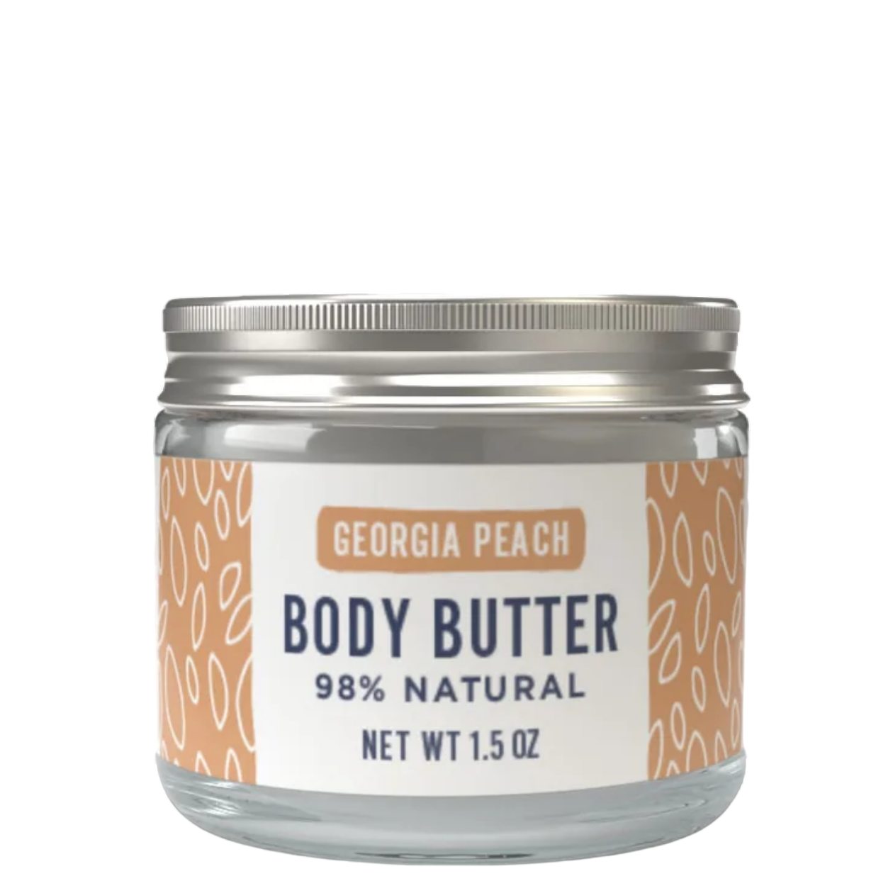 A 1.5 oz glass jar of Georgia Peach Body Butter with a silver metal lid and a white label featuring peach-colored patterns.