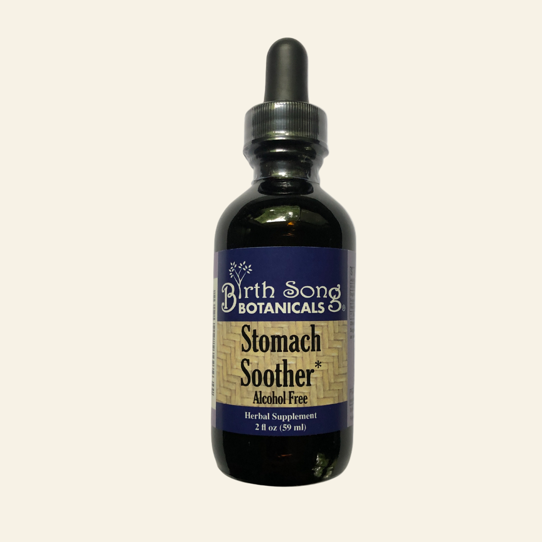 Bottle of Birth Song Botanicals Stomach Soother on a white background