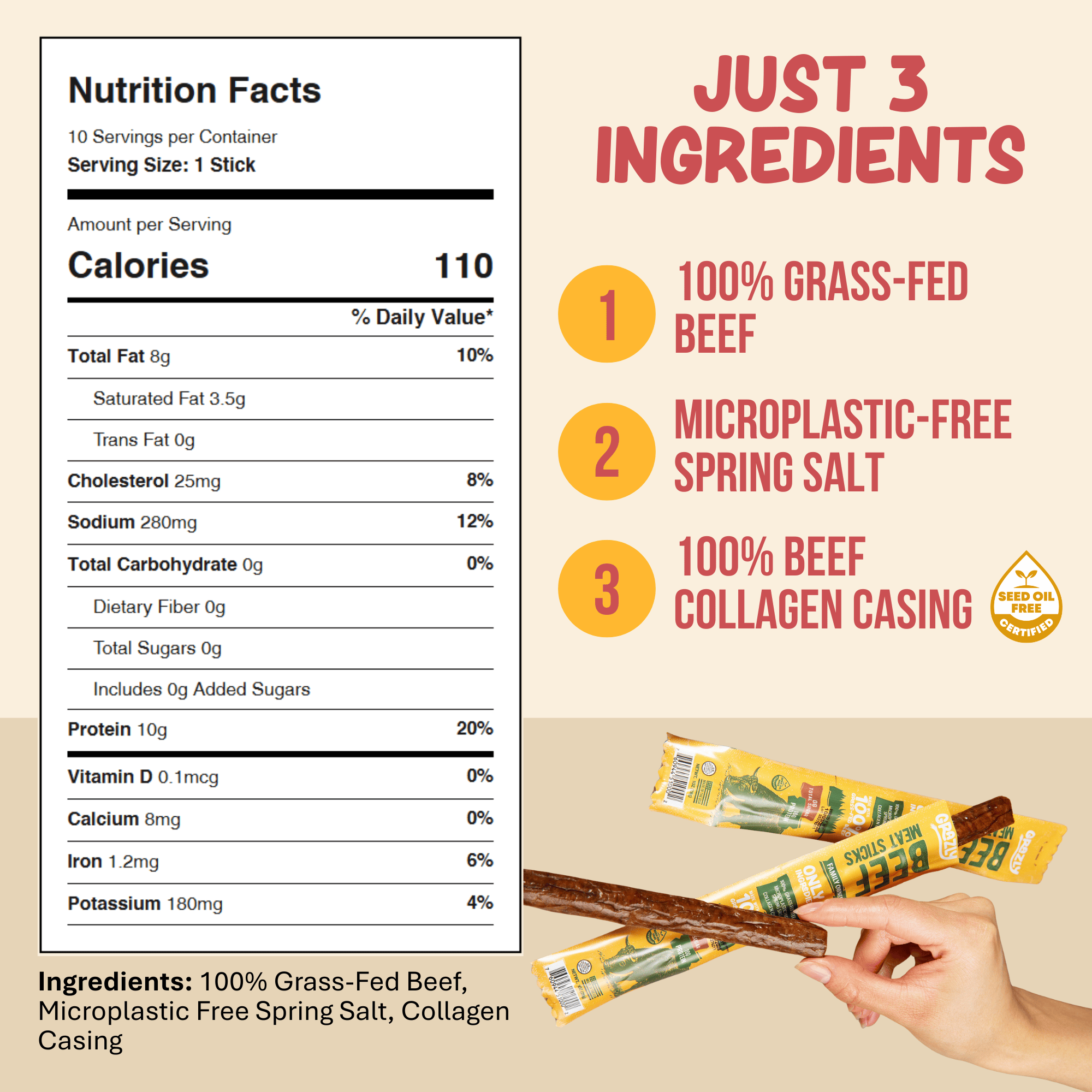 Grazly Plain Beef Meat Sticks - 100% Grass-Fed & Finished