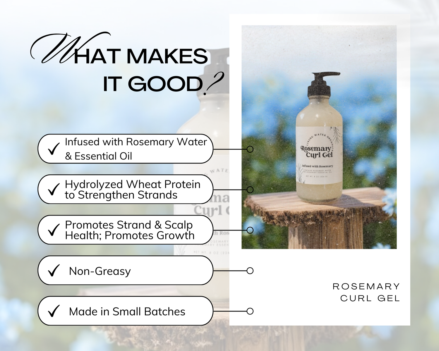 Rosemary Curl Gel bottle on a wooden block with text highlighting its benefits.
