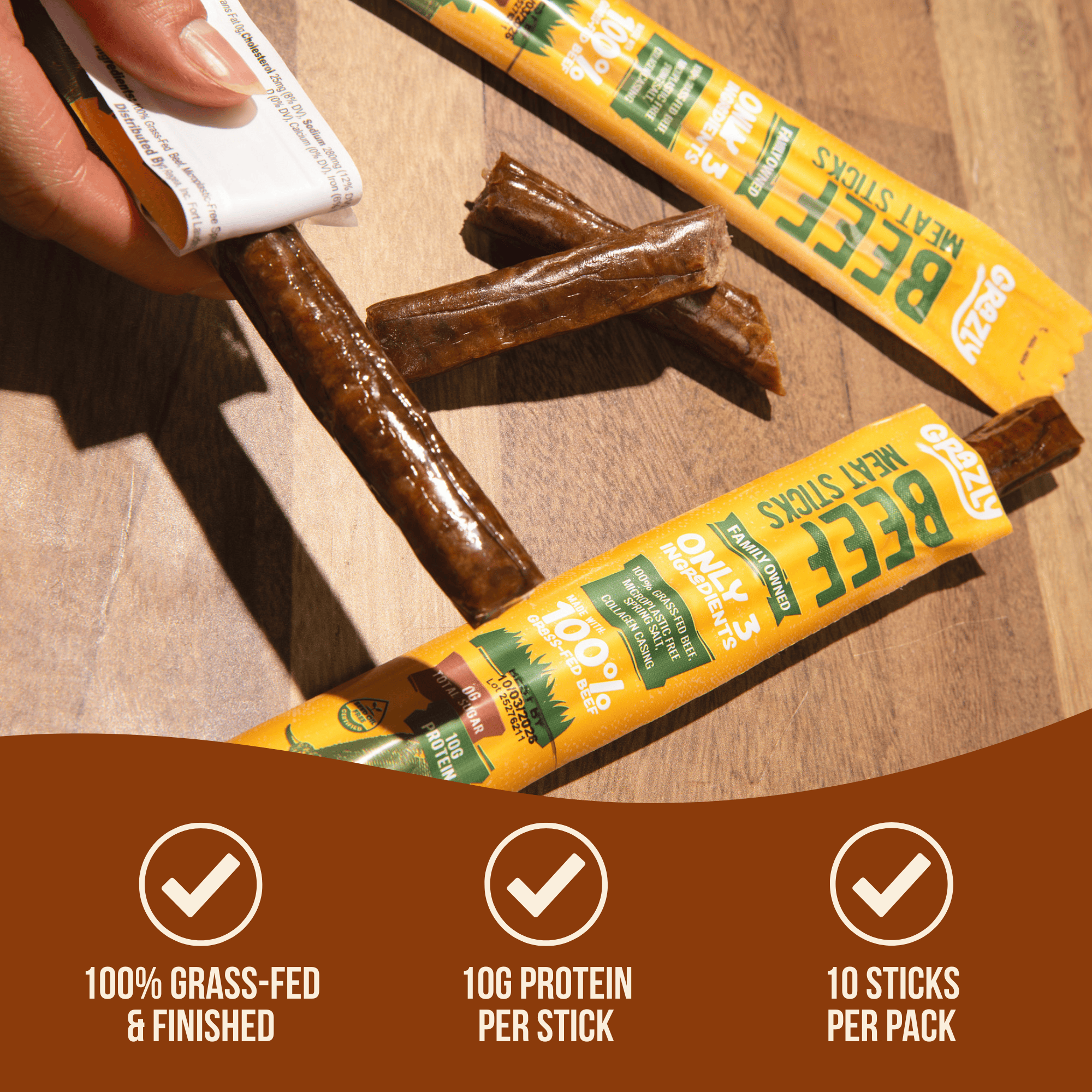 Grazly Plain Beef Meat Sticks - 100% Grass-Fed & Finished