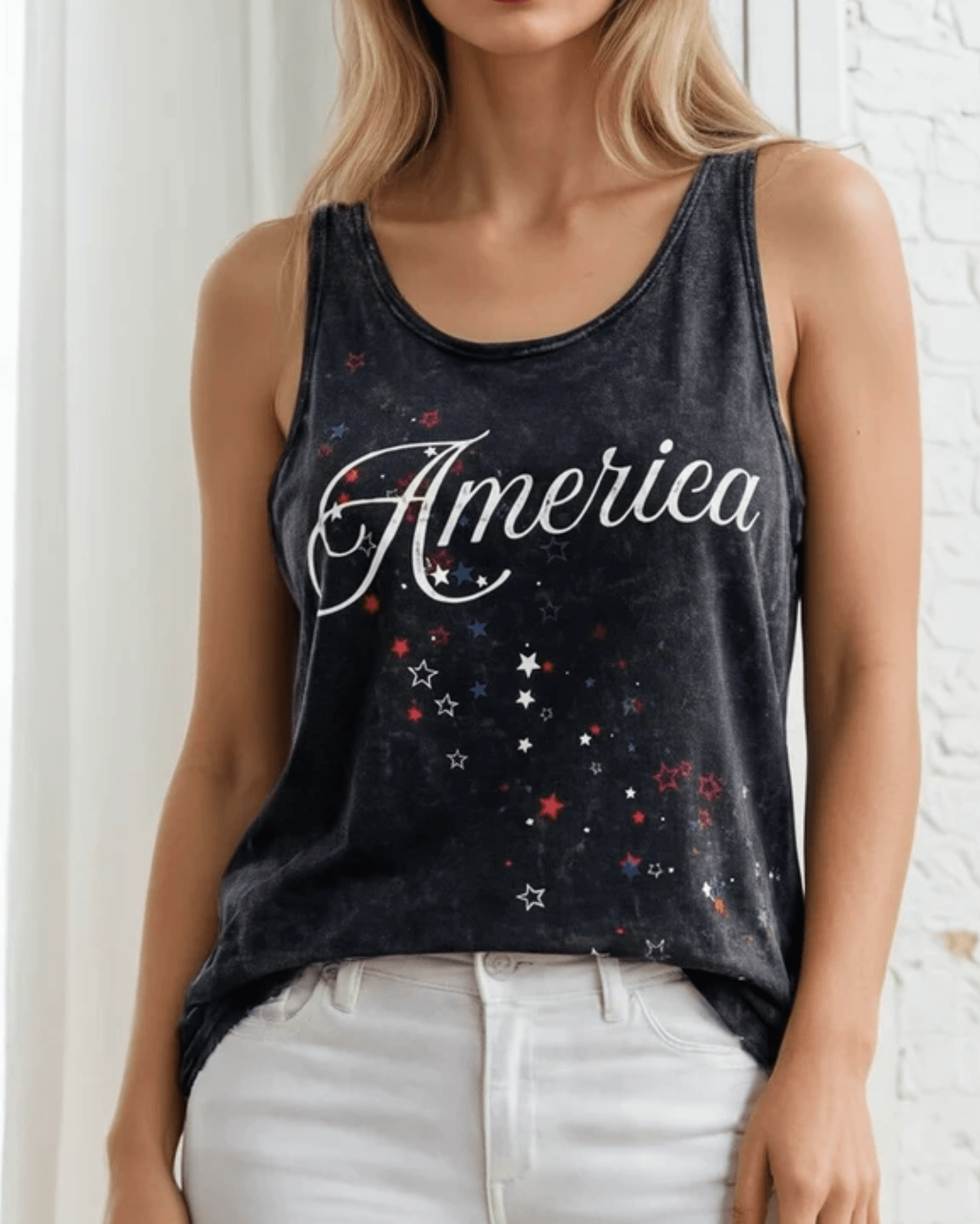 Crazy Cozy Cool Sleeveless Tops and Tanks Mineral Washed Black / AMERICA SHOOTING STAR / Small America Shooting Stars Graphic Tank Top