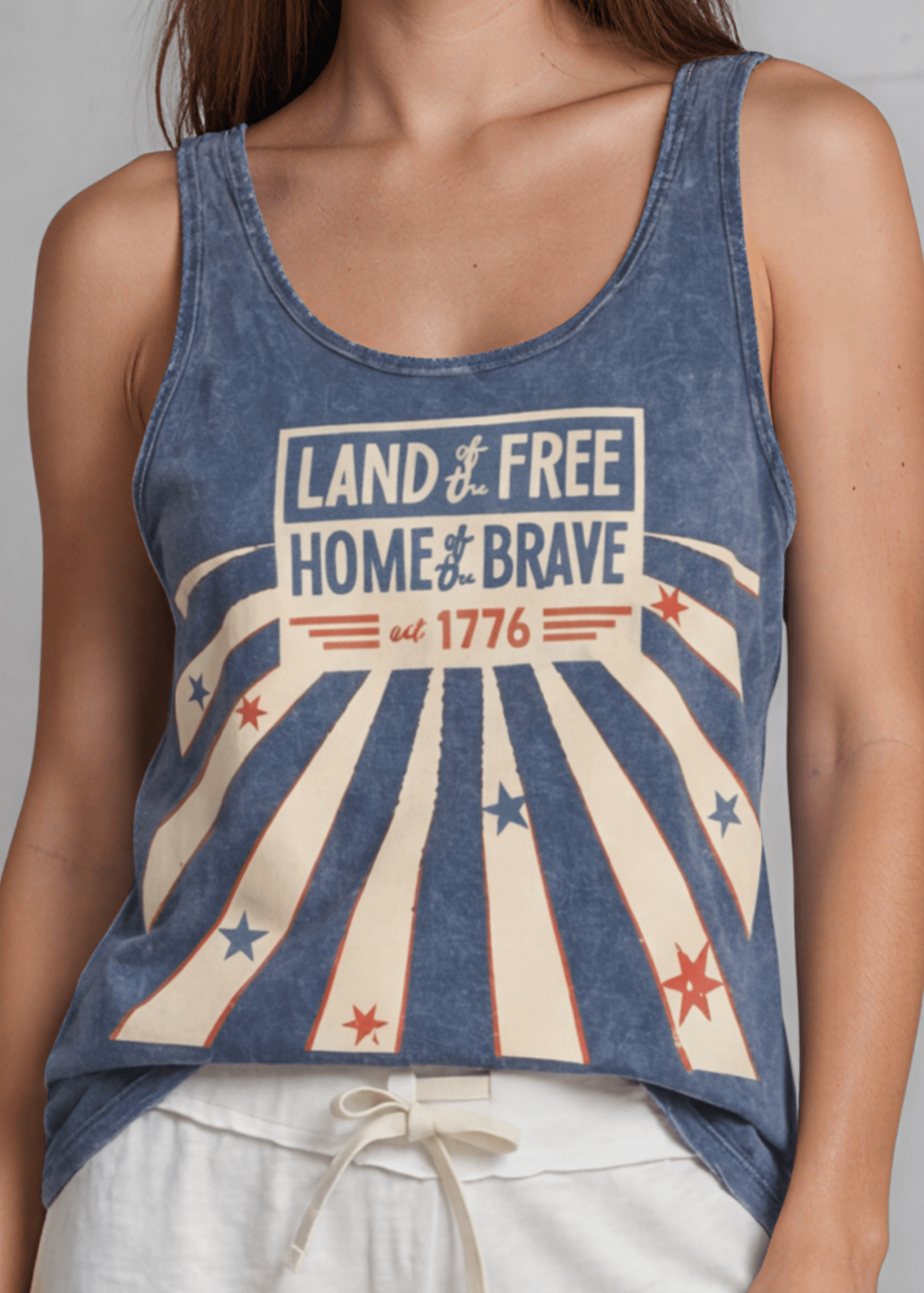 Crazy Cozy Cool Sleeveless Tops and Tanks Dark Grey Blue Denim / LAND OF THE FREE / Small Made in USA Patriotic Land of the Free Home of the Brave Tank Top