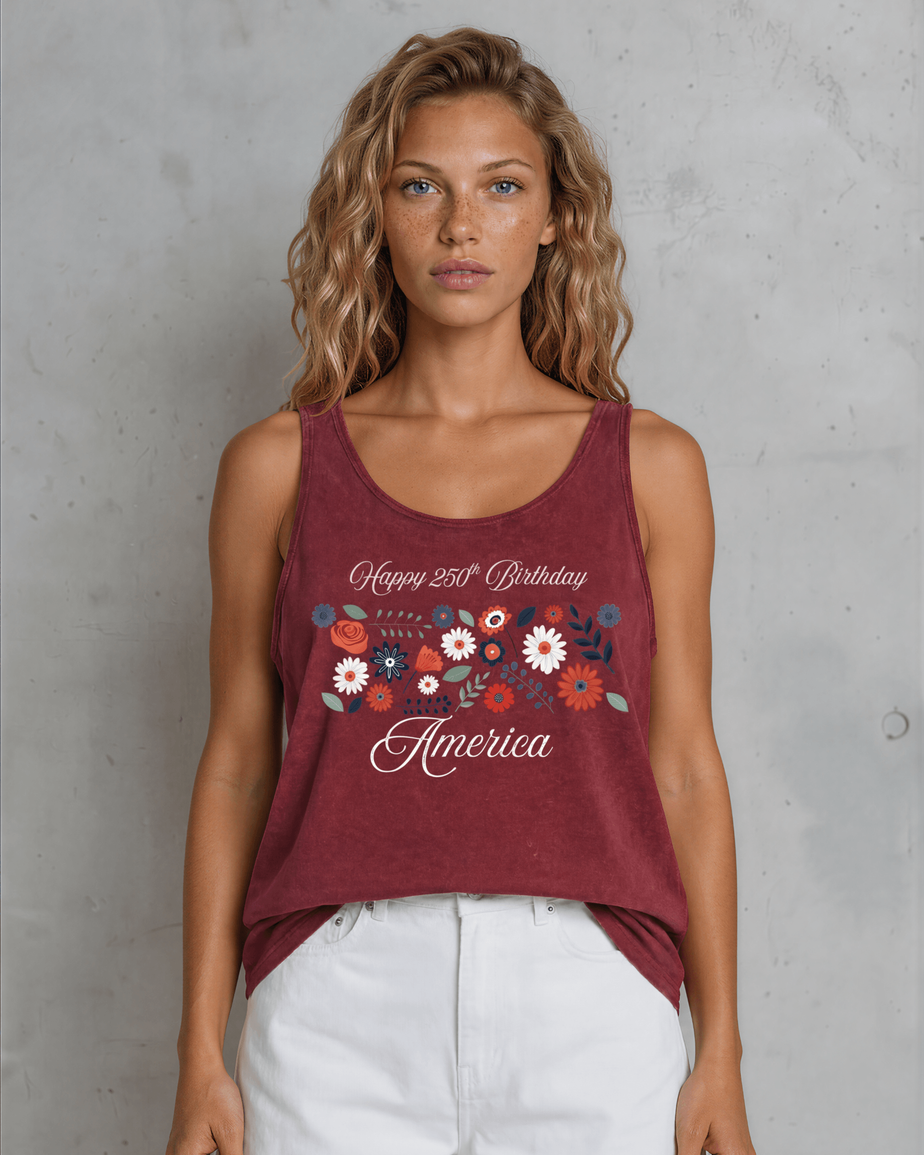 Crazy Cozy Cool Sleeveless Tops and Tanks Happy 250th Birthday America Tank Top | Burnt Red Clay