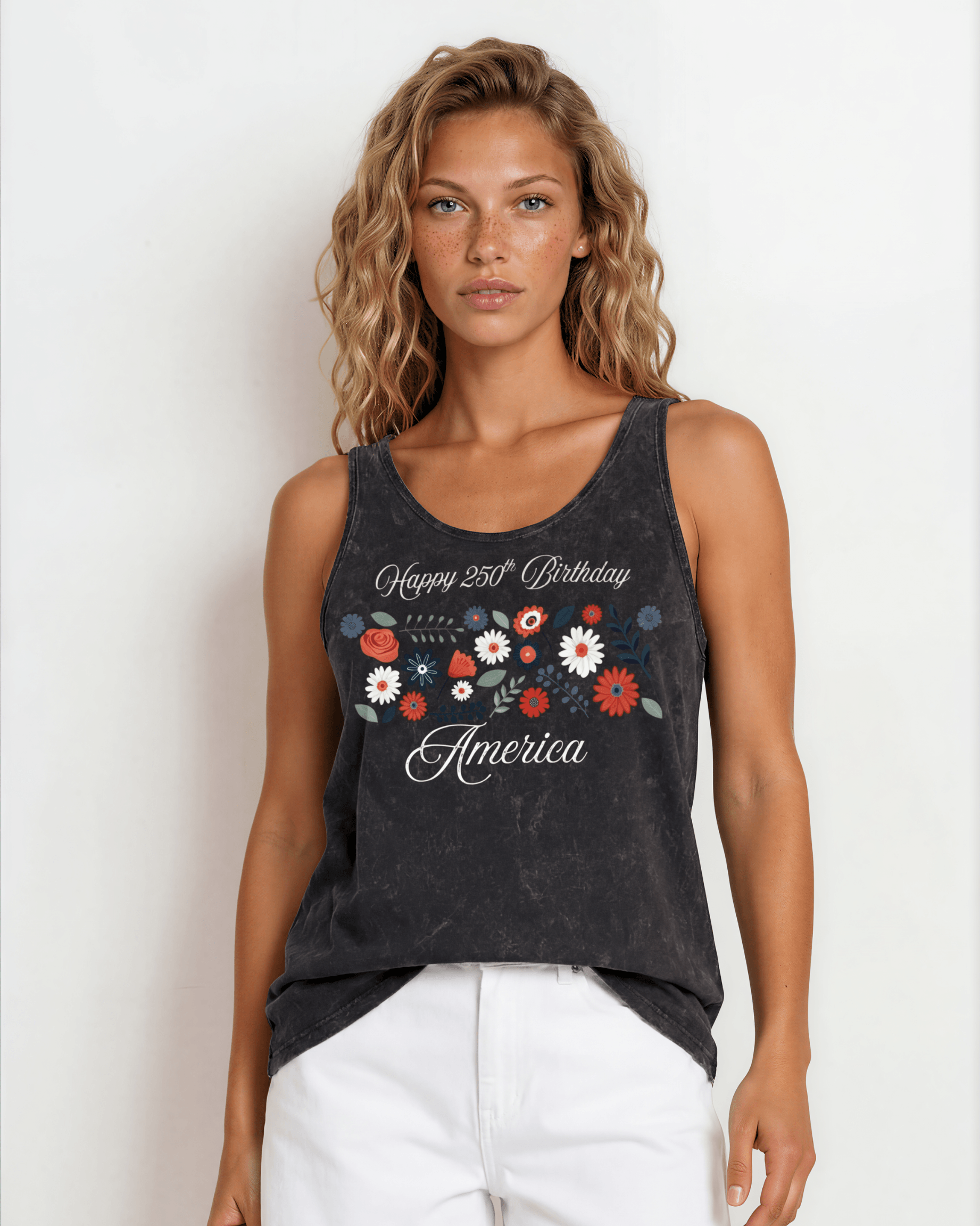 Crazy Cozy Cool Sleeveless Tops and Tanks Happy 250th Birthday America Tank Top | Mineral Washed Black