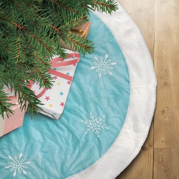 48" Pastel Blue Snowflake Embroidered Tree Skirt With Faux Fur Trim - My American Goods