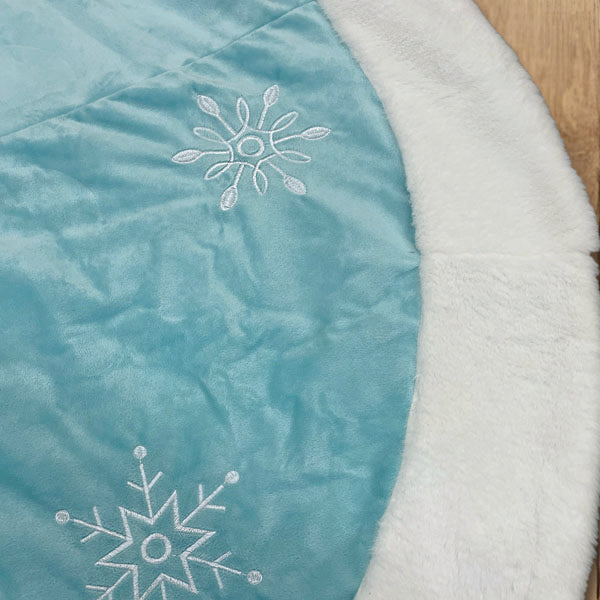 48" Pastel Blue Snowflake Embroidered Tree Skirt With Faux Fur Trim - My American Goods