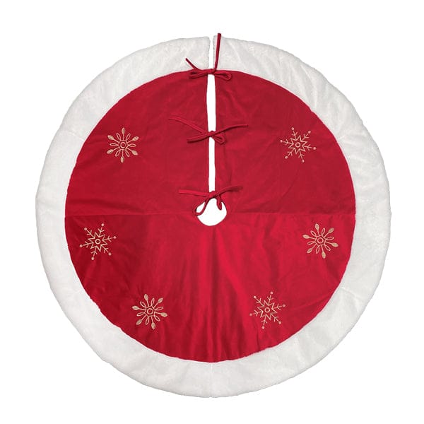 48" Red Snowflake Embroidered Tree Skirt With Faux Fur Trim - My American Goods