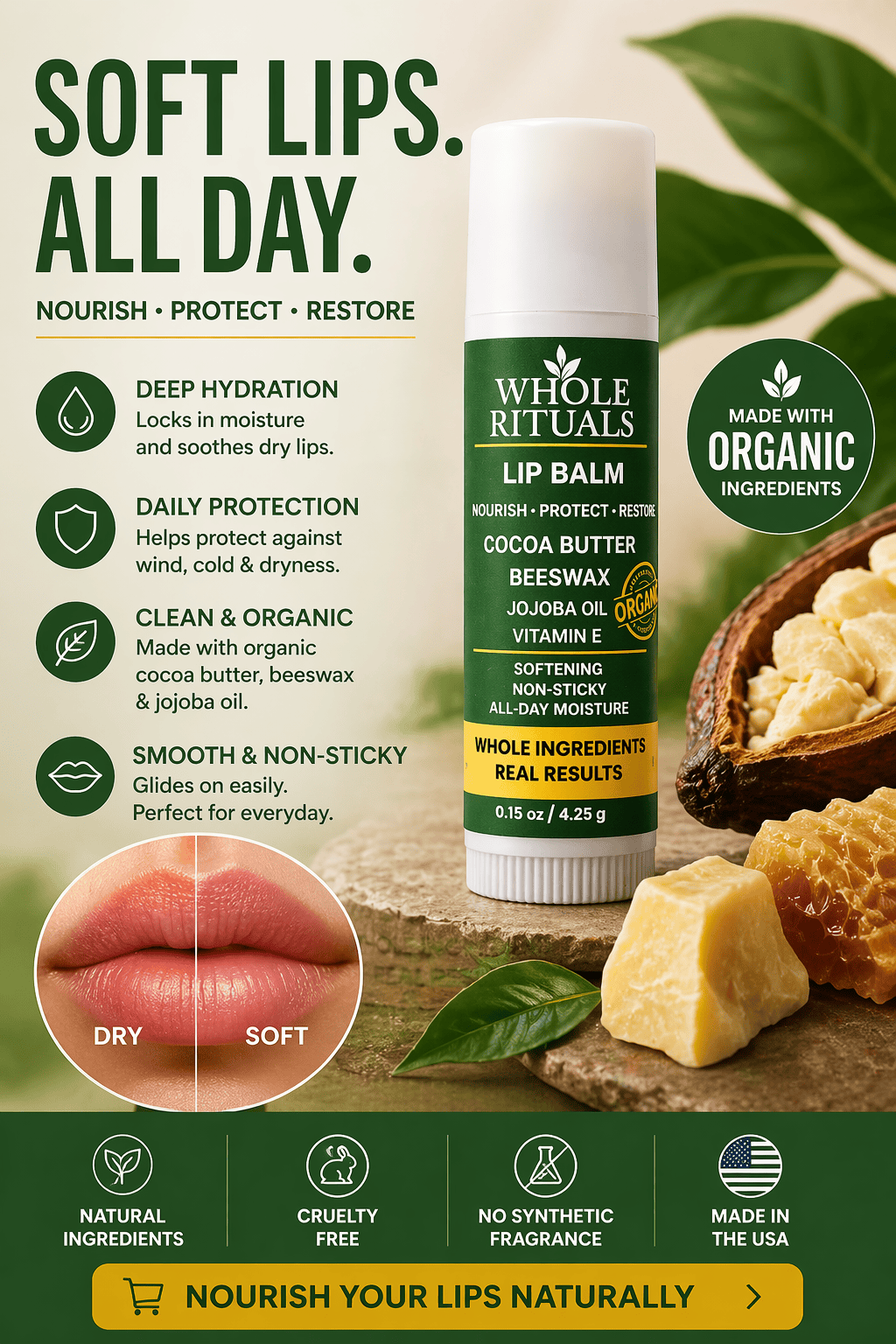 Whole Rituals Lip Balms Cocoa Butter Lip Balm | Beeswax + Jojoba Oil + Vitamin E