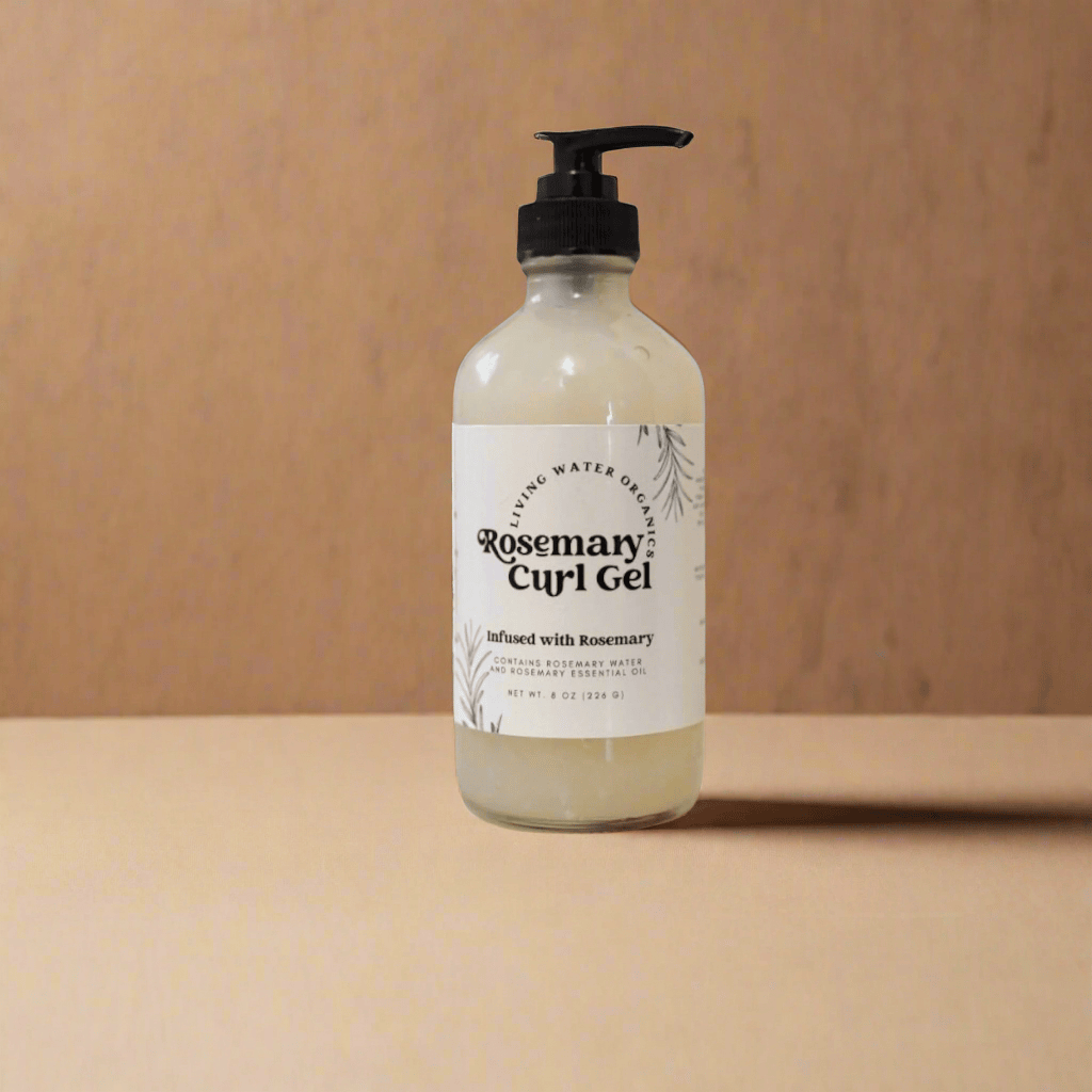 Bottle of Rosemary Curl Gel on a wooden surface with a wooden background