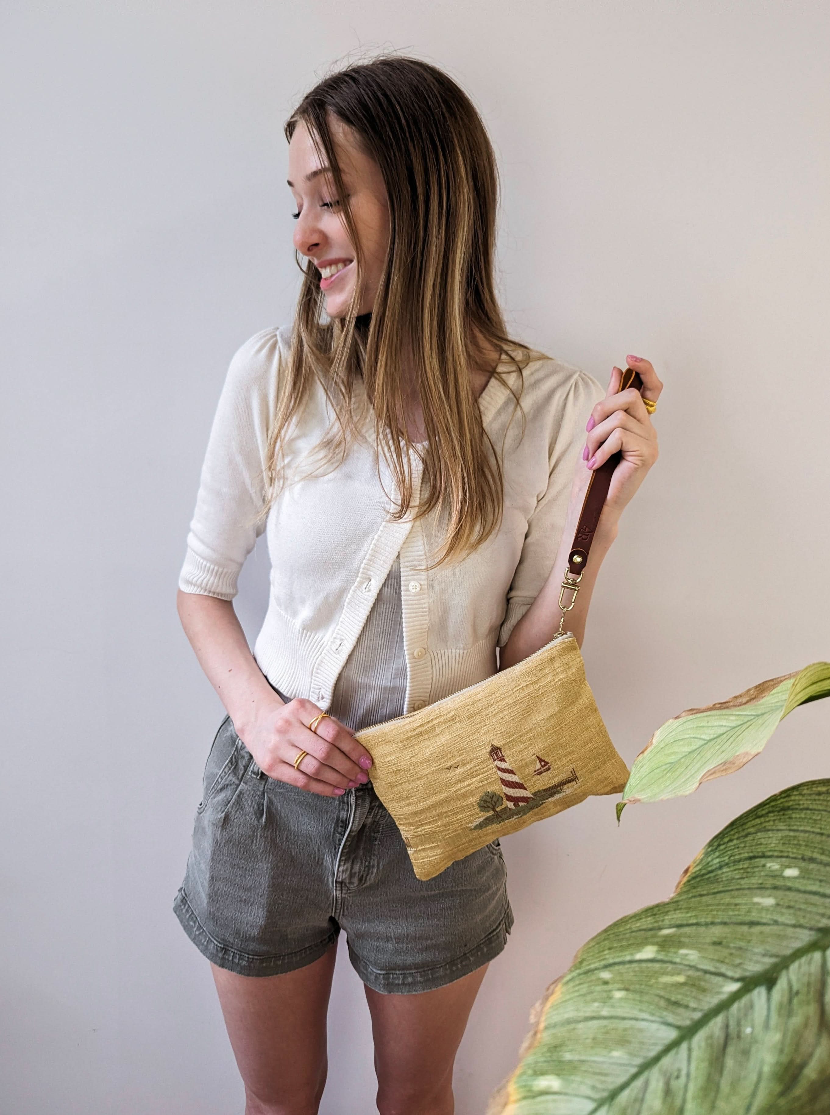 Sail Away Lighthouse Wristlet Linen & Leather - My American Goods