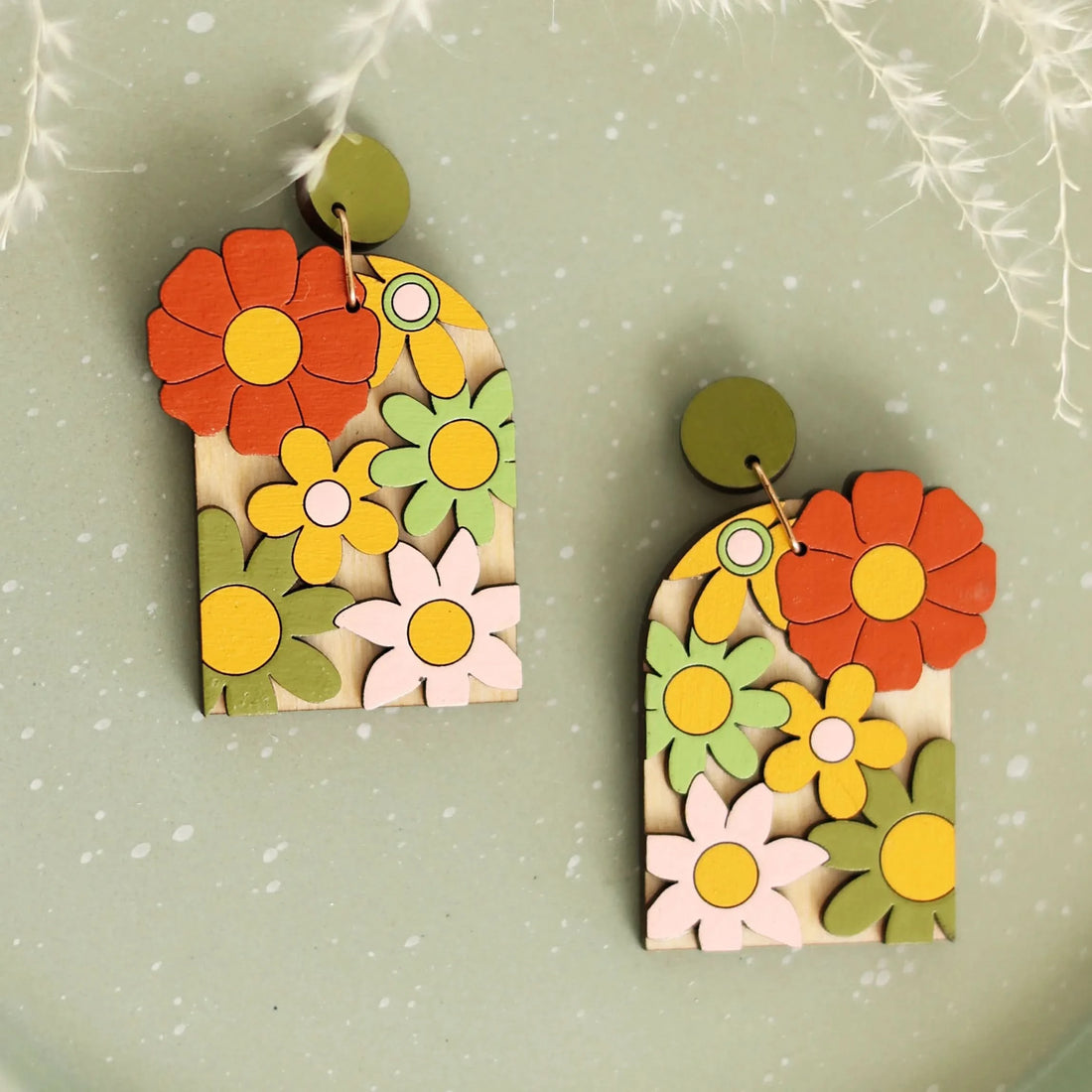 70s Burnt Orange Floral Arch Earrings - My American Goods