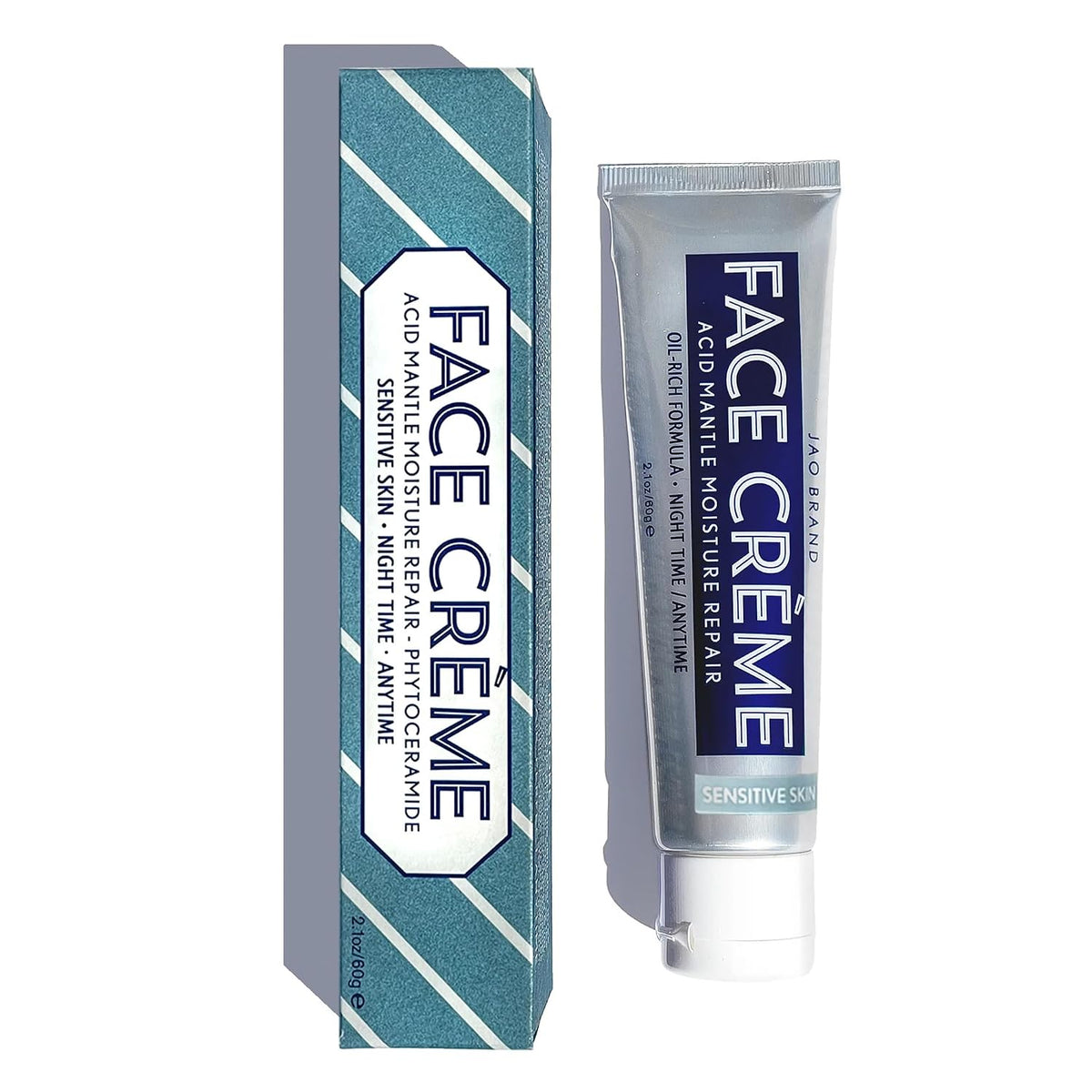 A tube of Jao Beard Face Crème moisturizer next to its retail box, both featuring a teal and navy blue design with white text on a clean white background.