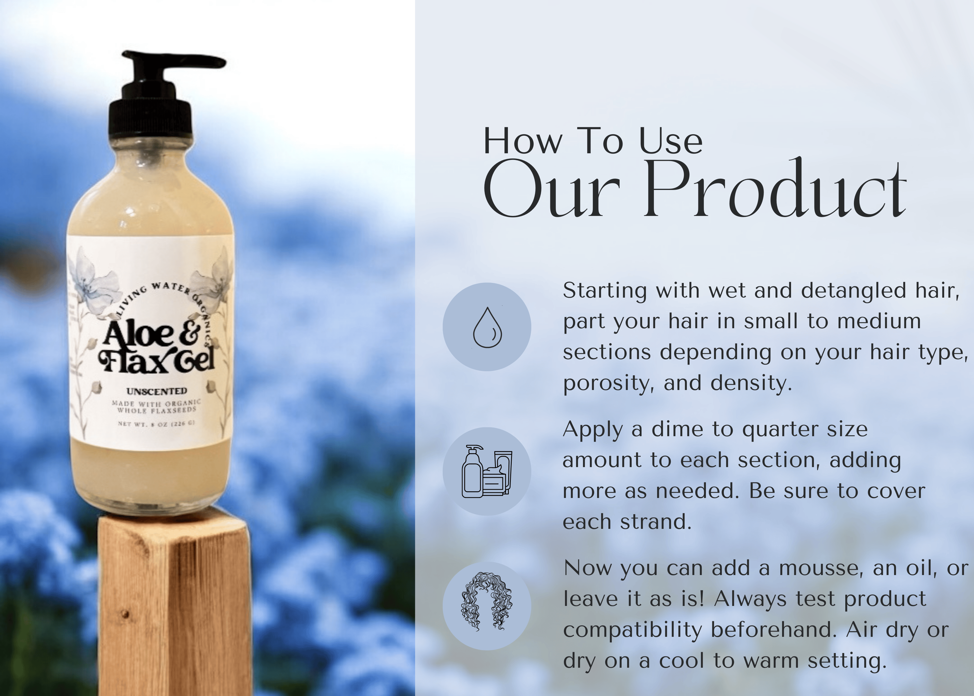 Aloe & Flax Gel bottle with usage instructions on a wooden stand against a natural background