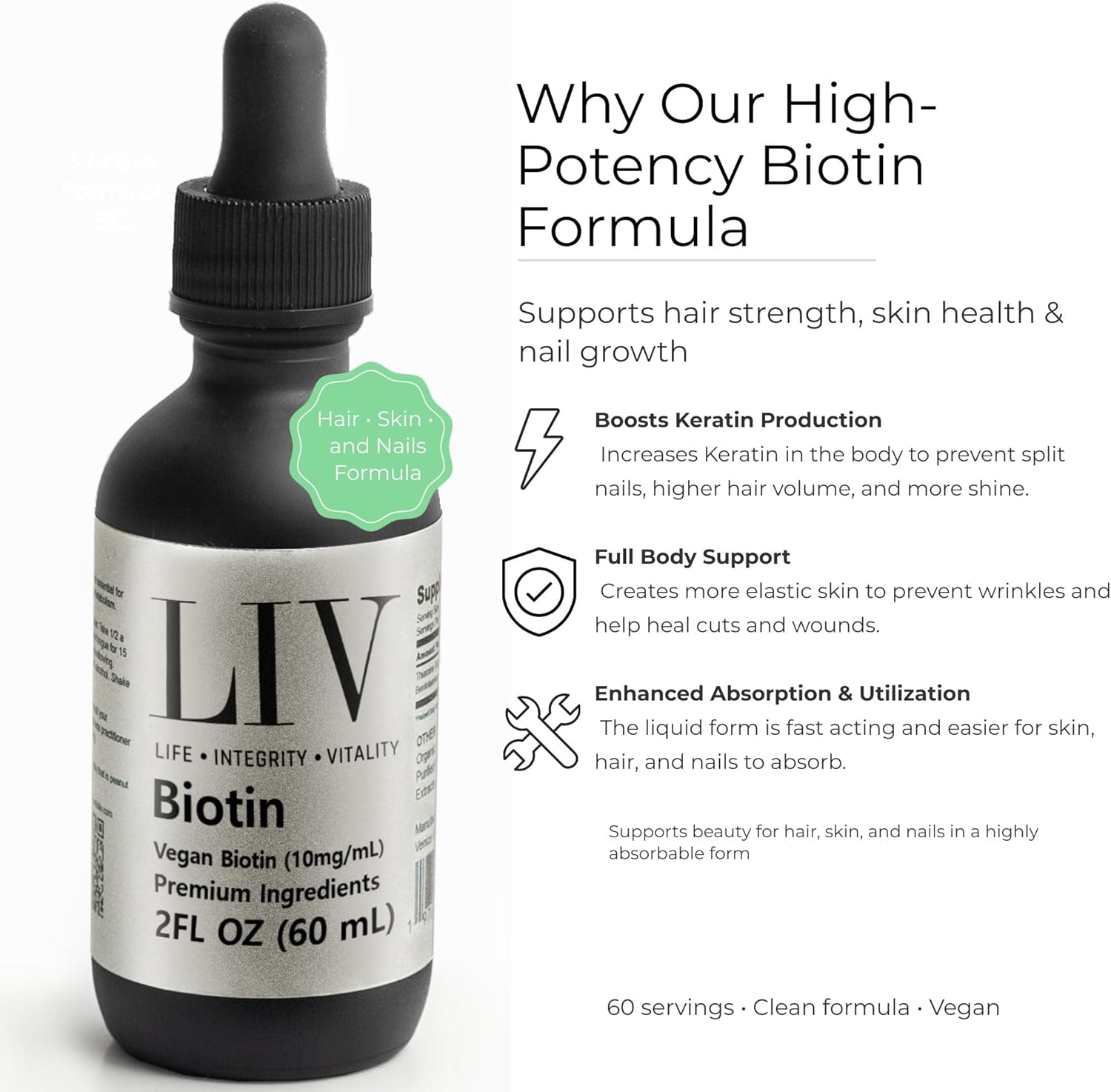 Biotin Liquid Skin Nutrients (Vegan, 10,000mcg each, 60 Servings)