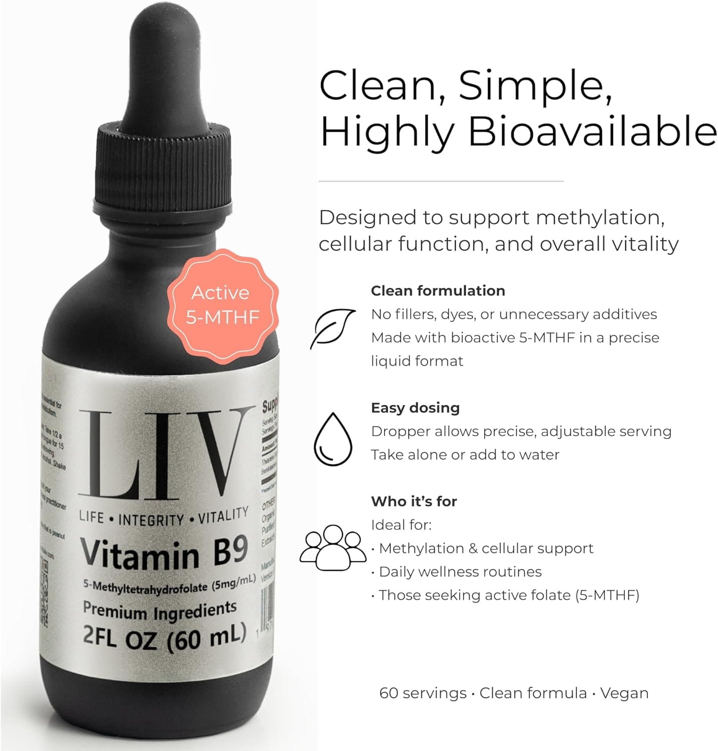 LIV Vitamin B9 Folic Acid Liquid (5-MTHF 5,000mcg, 60 servings)