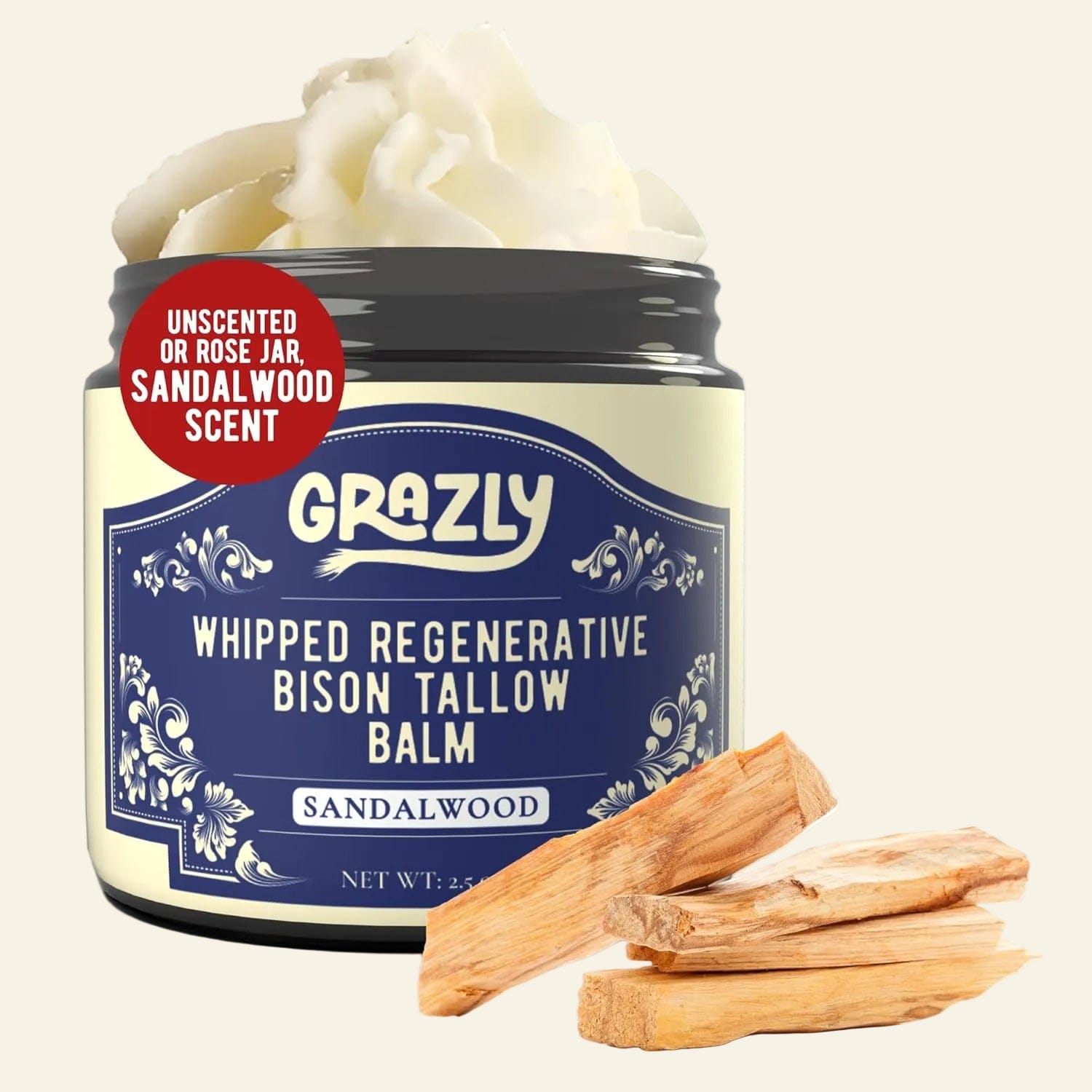 Grazly whipped regenerative bison tallow balm jar with sandalwood sticks on a white background