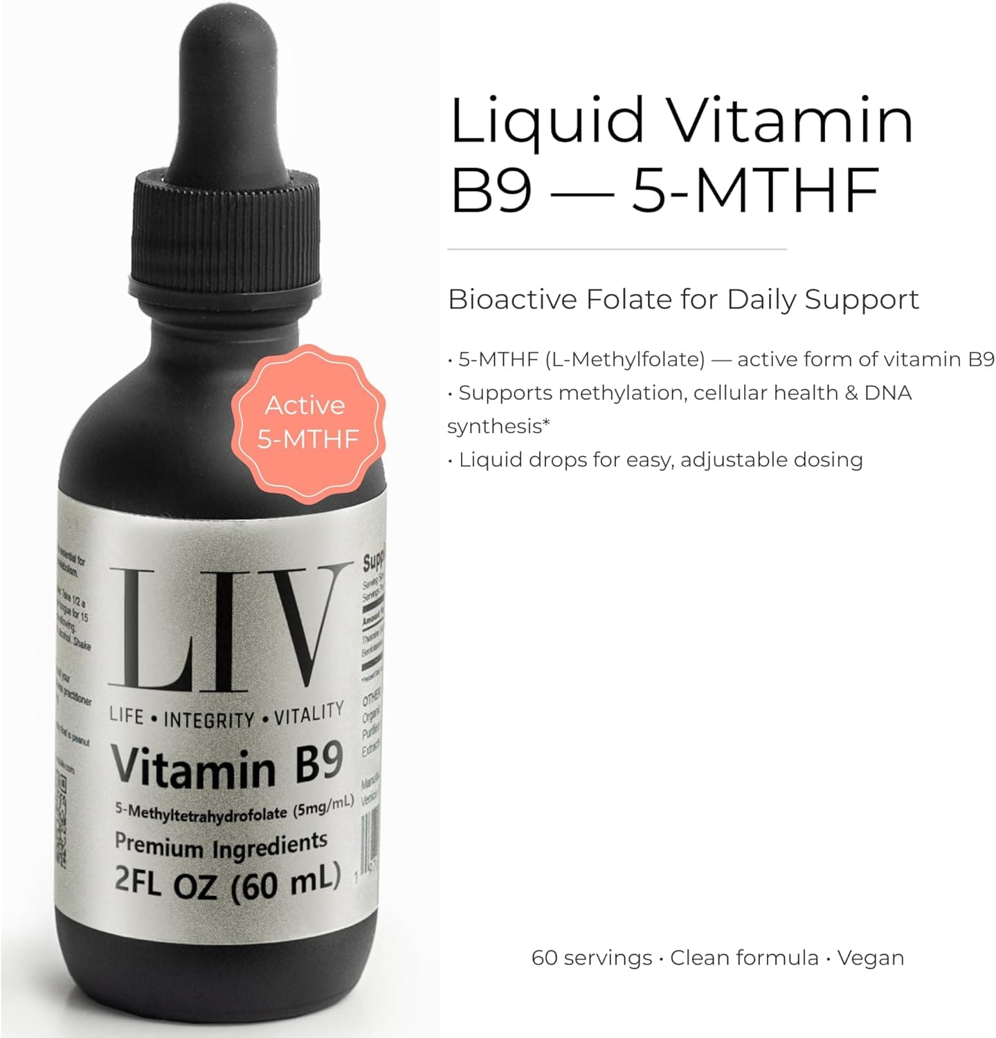 LIV Vitamin B9 Folic Acid Liquid (5-MTHF 5,000mcg, 60 servings)
