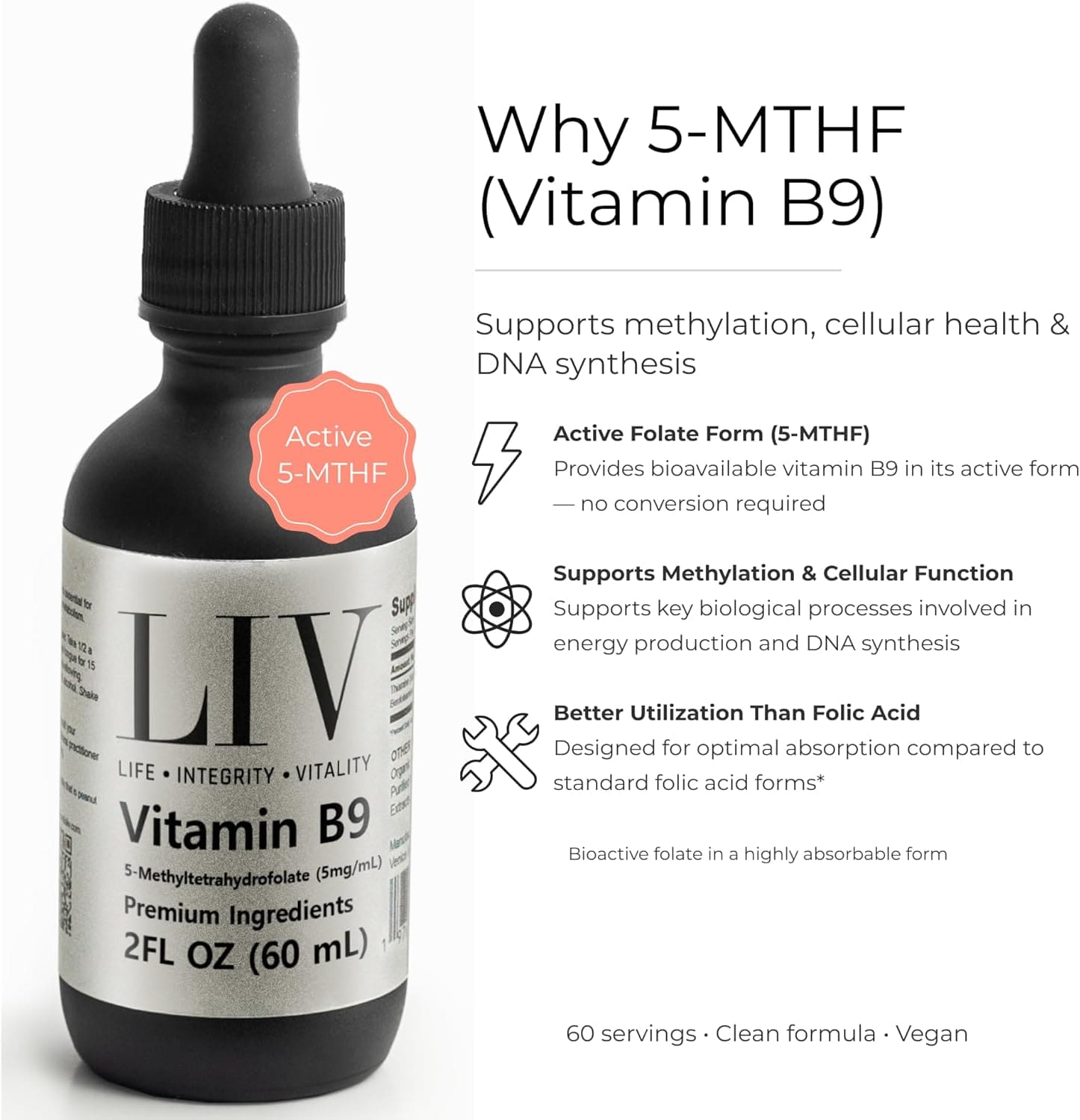 LIV Vitamin B9 Folic Acid Liquid (5-MTHF 5,000mcg, 60 servings)