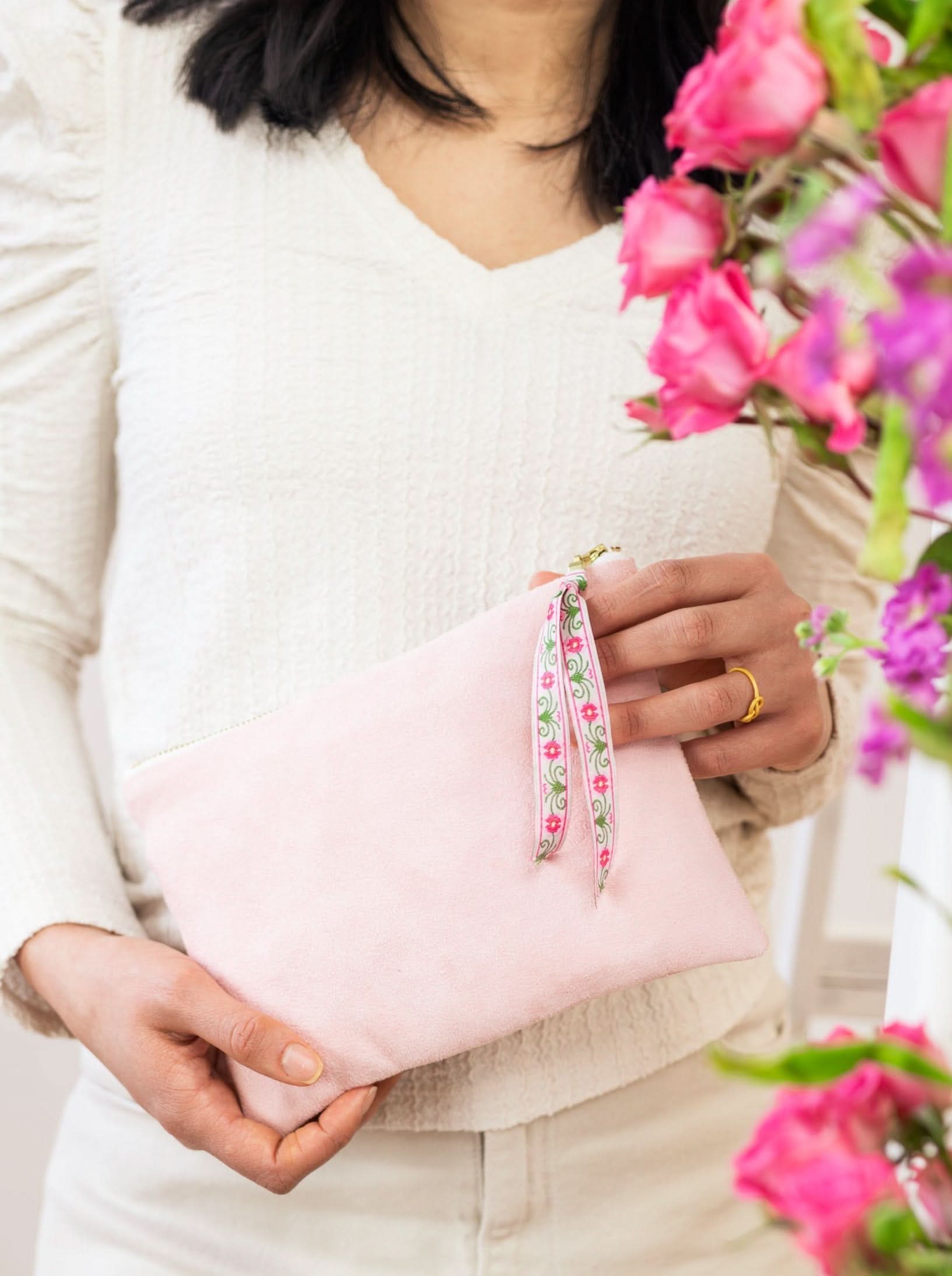 Pink Fleur Vegan Suede Clutch Purse - My American Goods