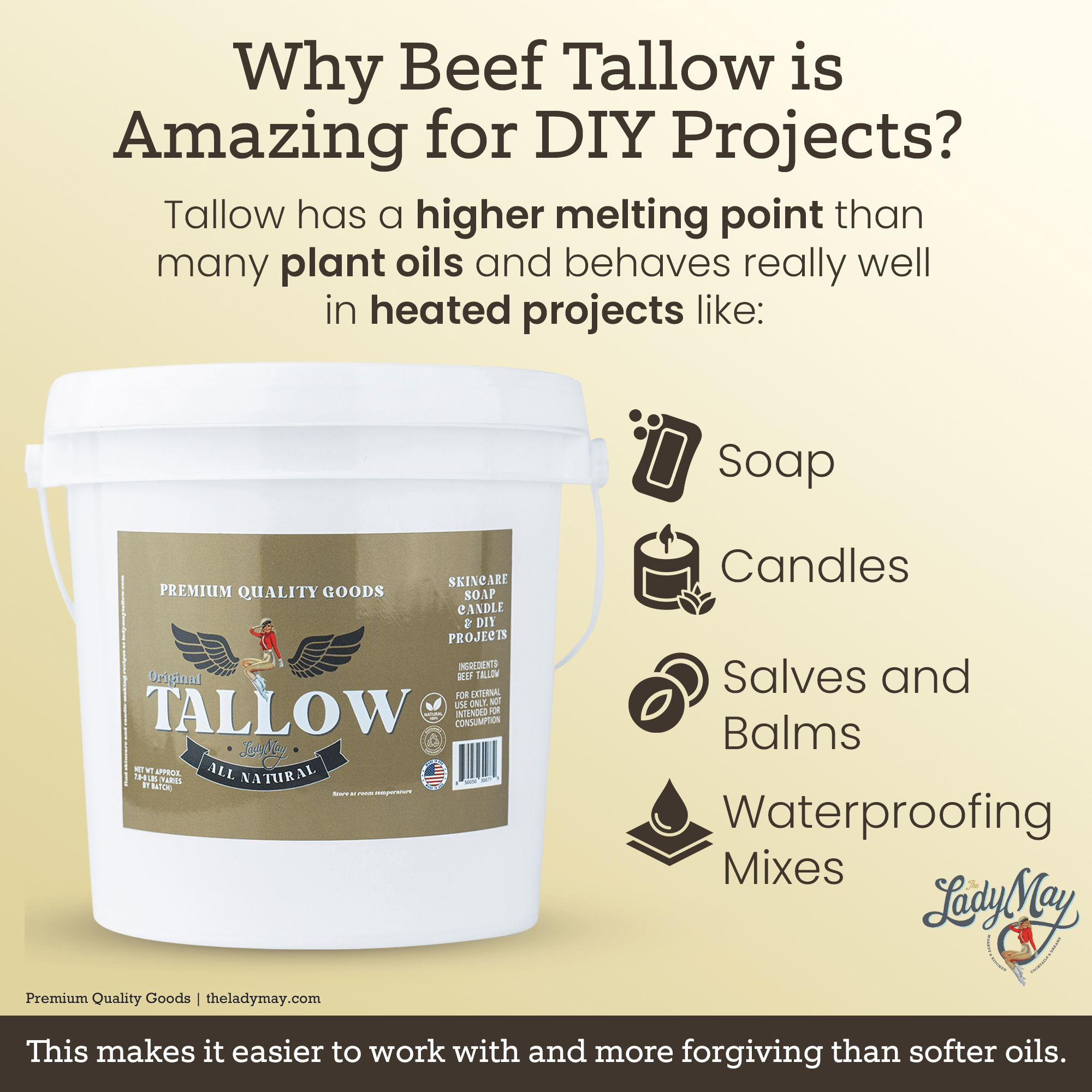 Lady May Tallow Beef Tallow Unscented Bulk Beef Tallow - 16 Pounds | 100% Natural & Pure